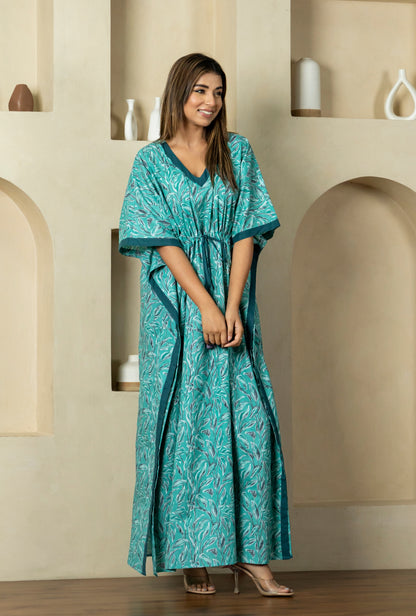 Garden Glow Turqoise Cotton Loungewear Kaftan