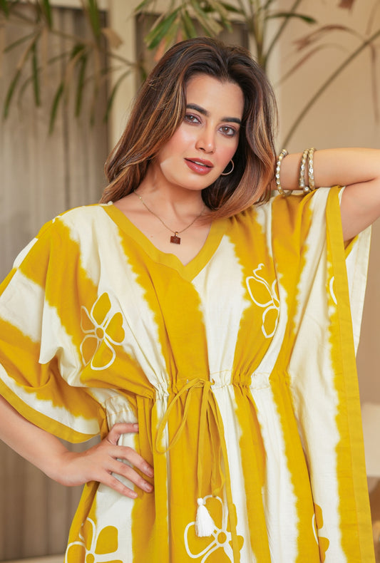 Dream Tie Dye Yellow Loungewear Cotton Kaftan