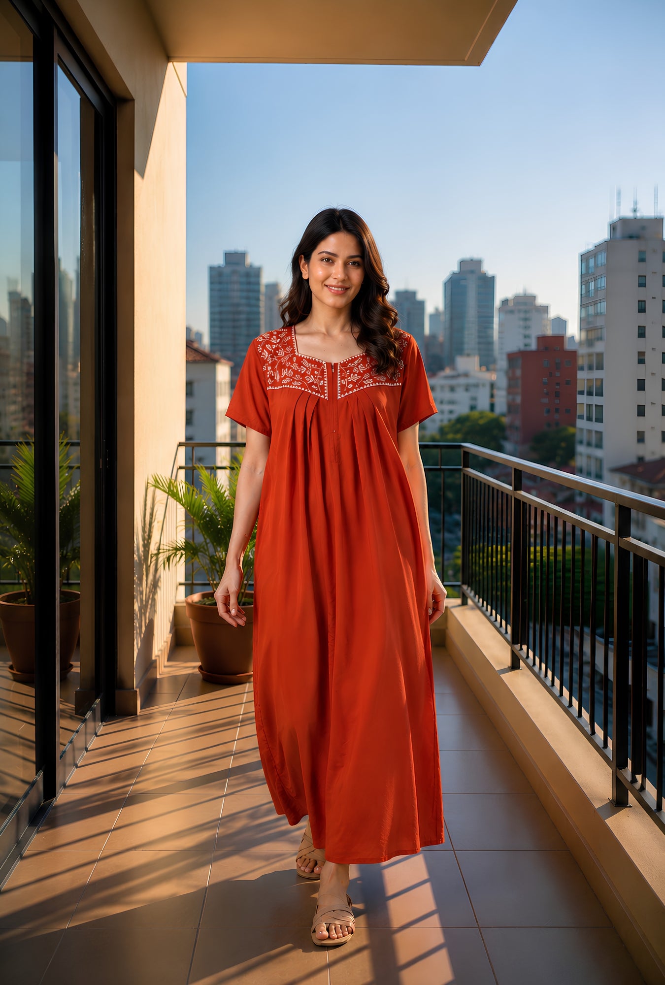 Crimson Bloom Rust Embroidery Yoke Cotton Night Gown
