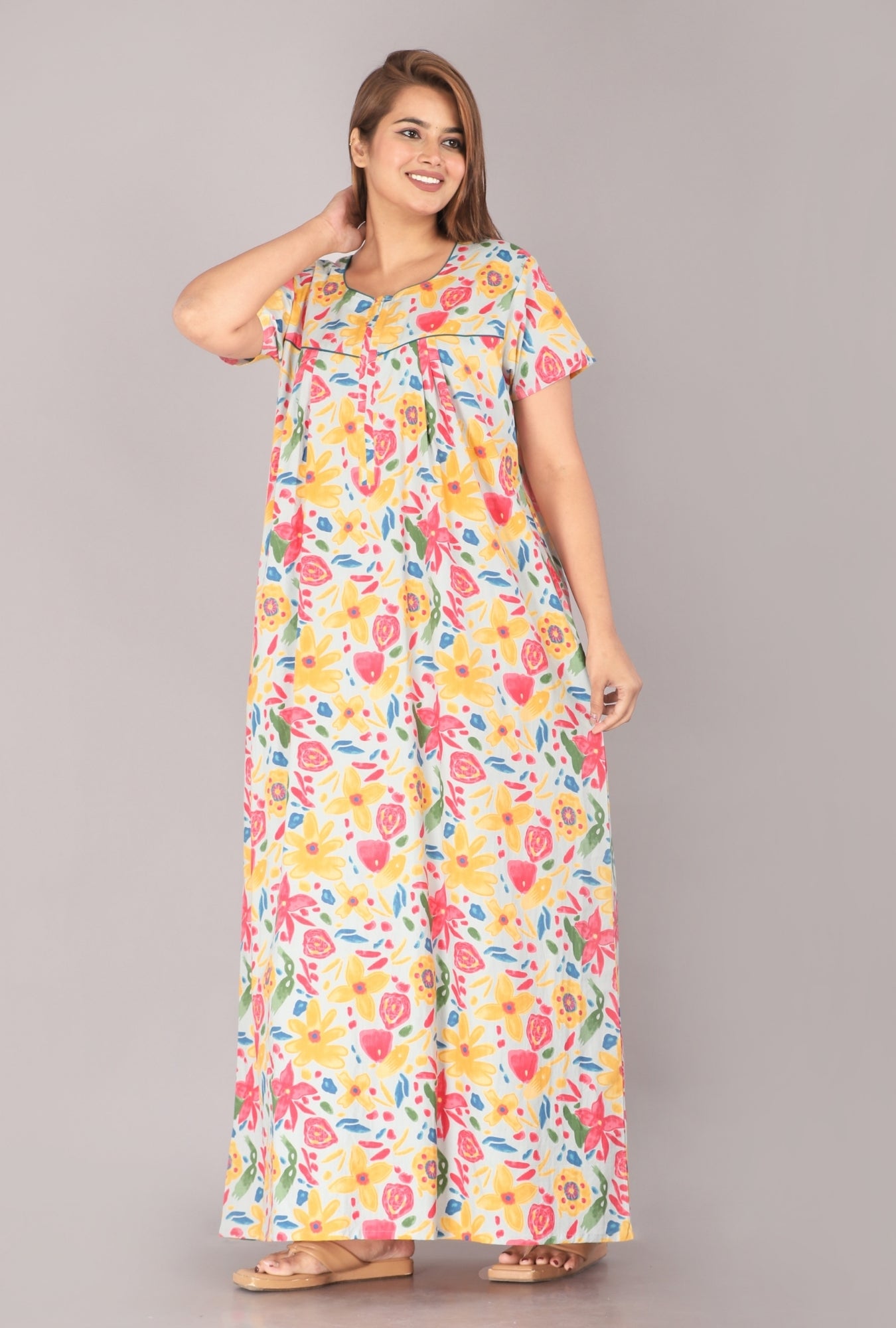 Marine Grey Cotton Printed Nightwear Gowns