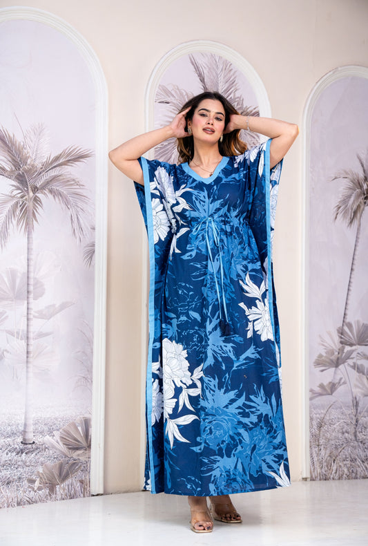 Palm Breeze Blue Loungewear Cotton Kaftan