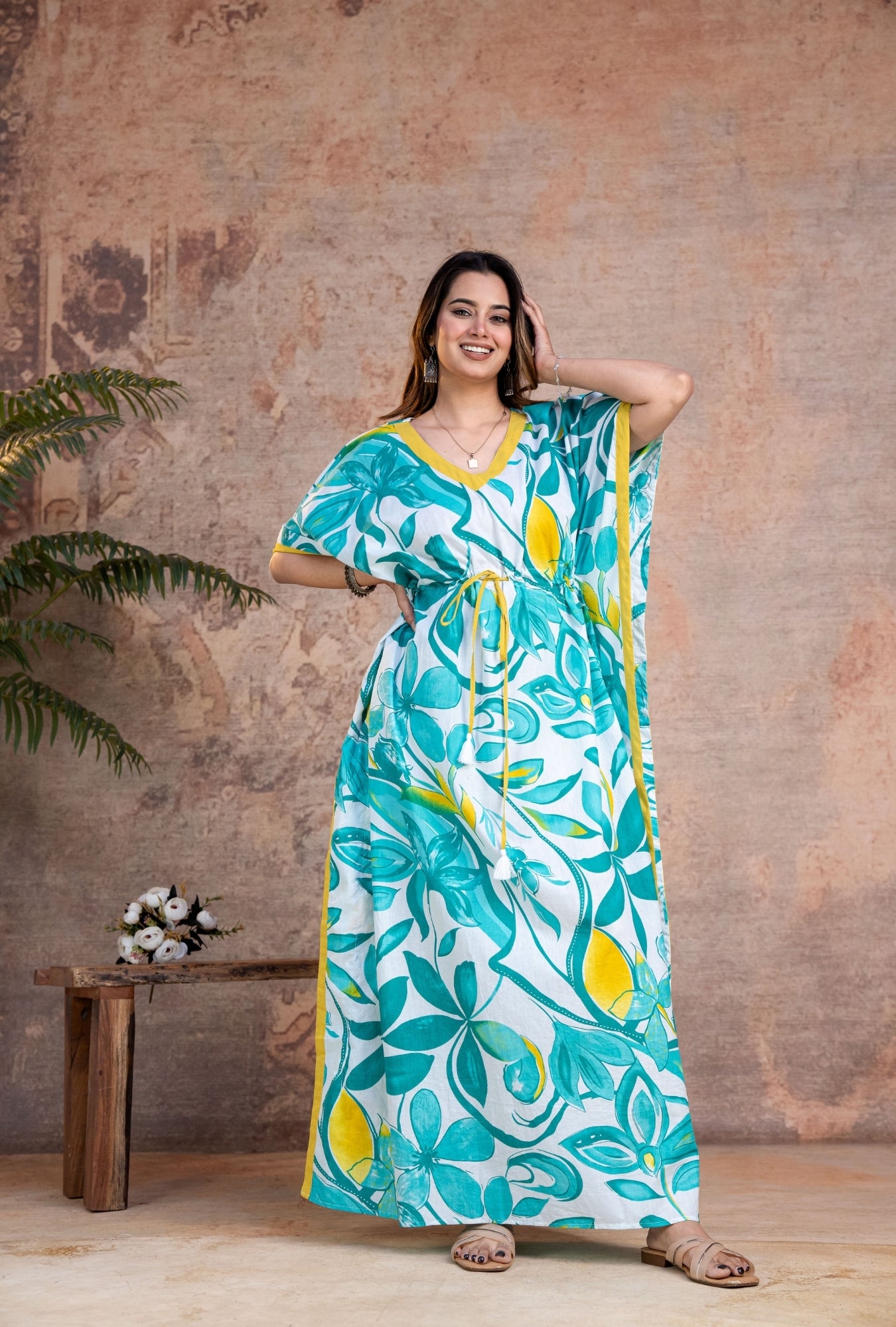 Regalia Green Yellow Loungewear Cotton Kaftan