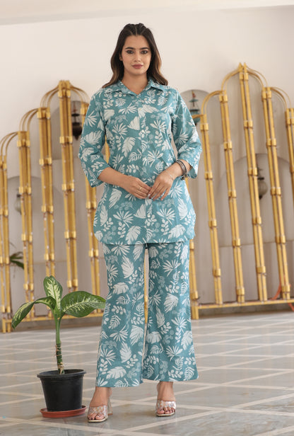 Aqua Blooms Cotton Loungewear Co-ords Set