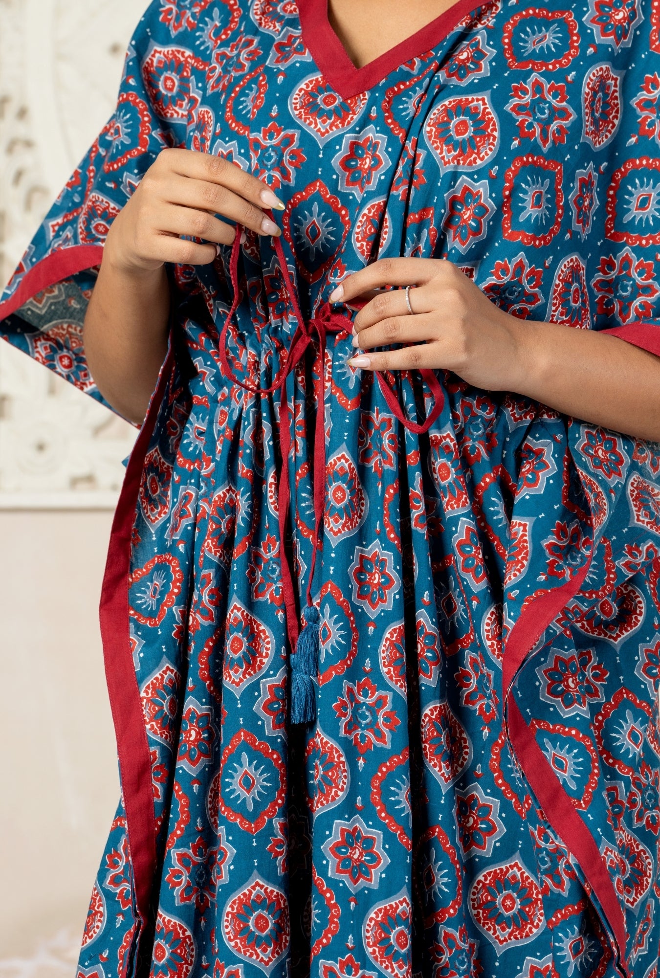 Maharani Motif Blue Cotton Loungewear Kaftan