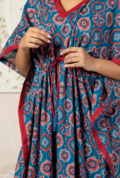 Maharani Motif Blue Cotton Loungewear Kaftan