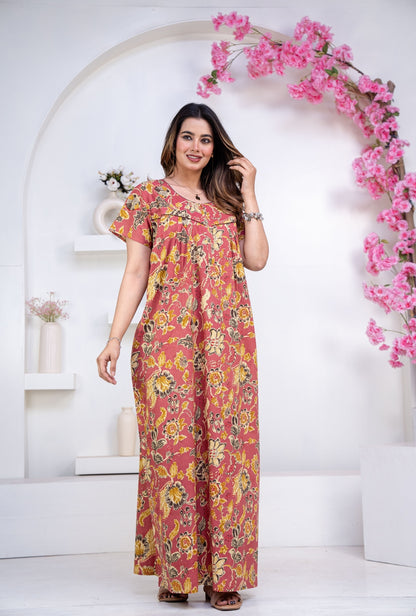 Floral Heritage Rust Cotton Printed Nightwear Gowns