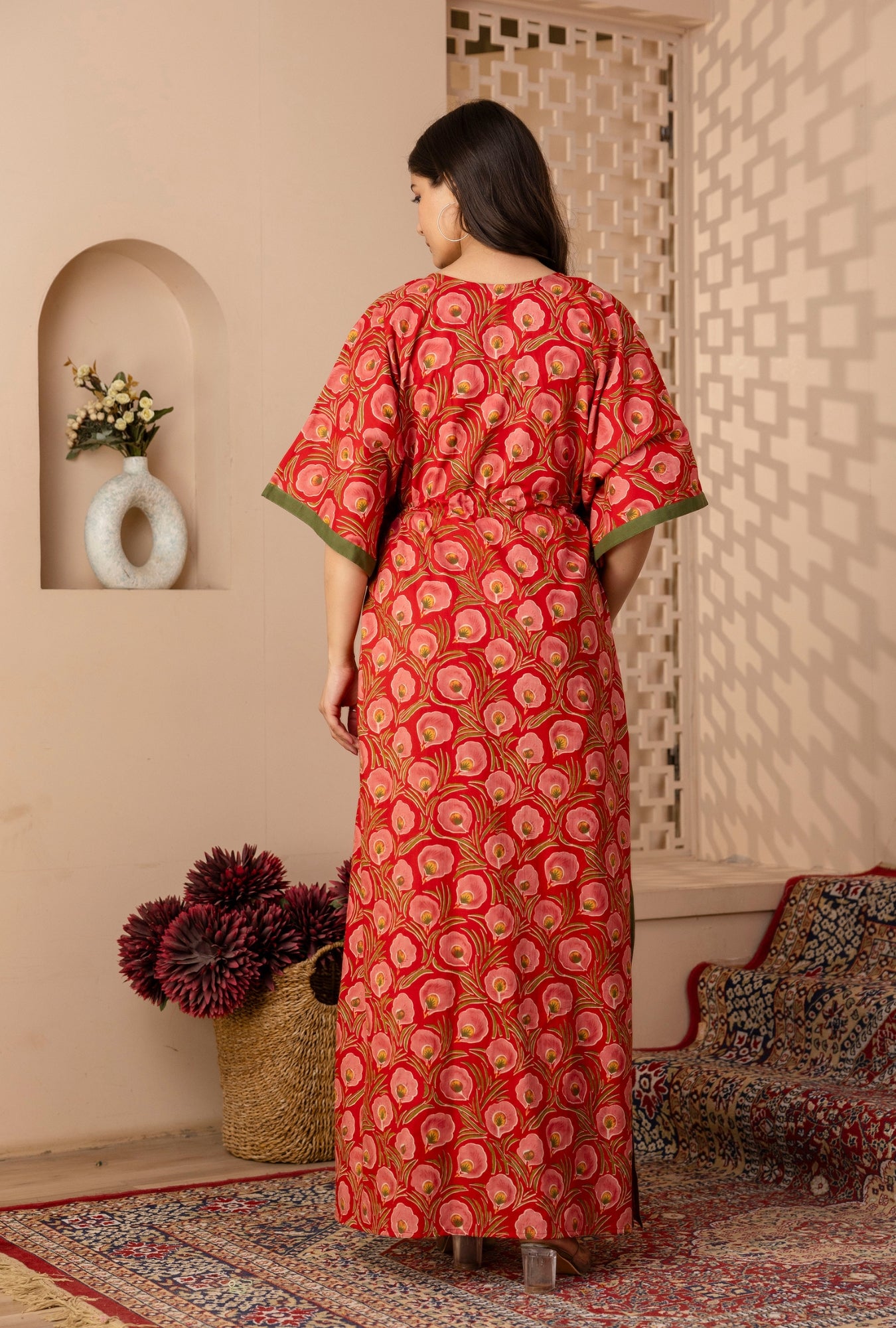 Neo Ethnic Red Printed Cotton Loungewear Kaftan