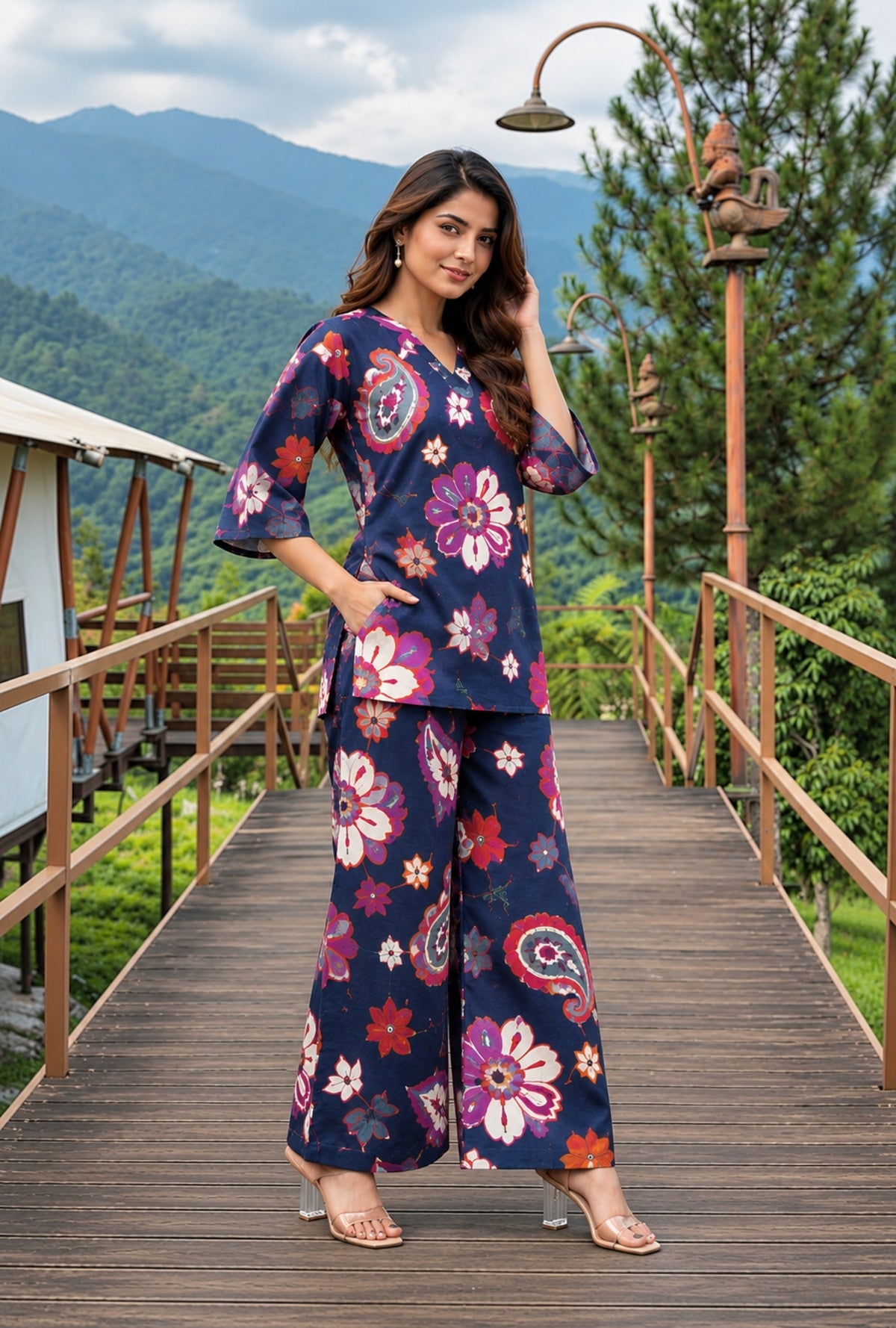 Sapphire Jardin Navy Blue Printed Cotton Co-ords Set