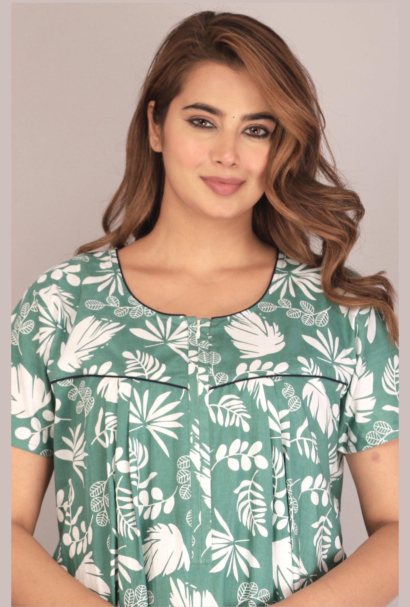 Pine Leaf Green Cotton Printed Nightwear Gowns