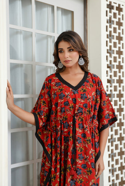 Vivid Blossom Red Printed Cotton Loungewear Kaftan