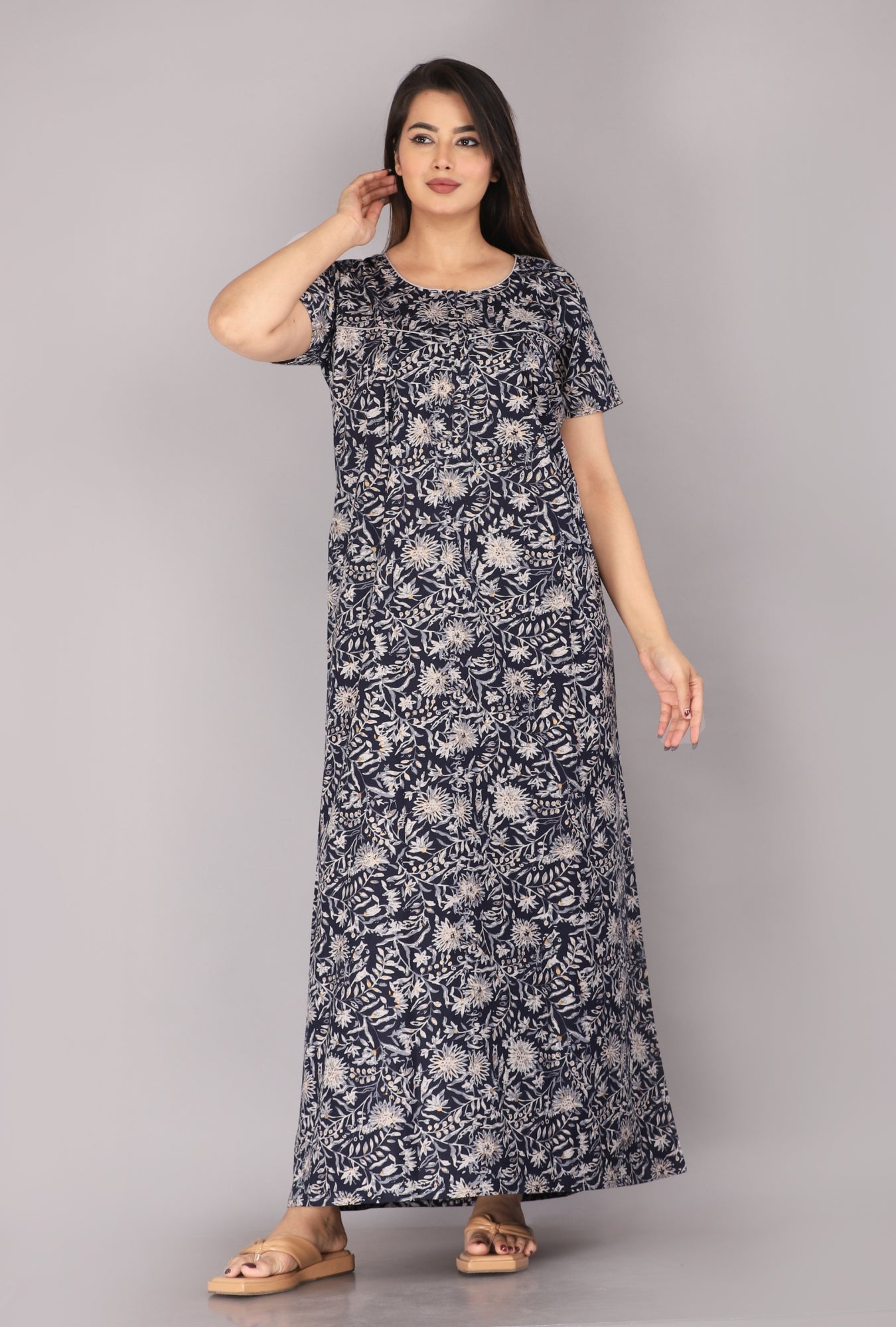 Berries Blue Cotton Printed Nightwear Gowns