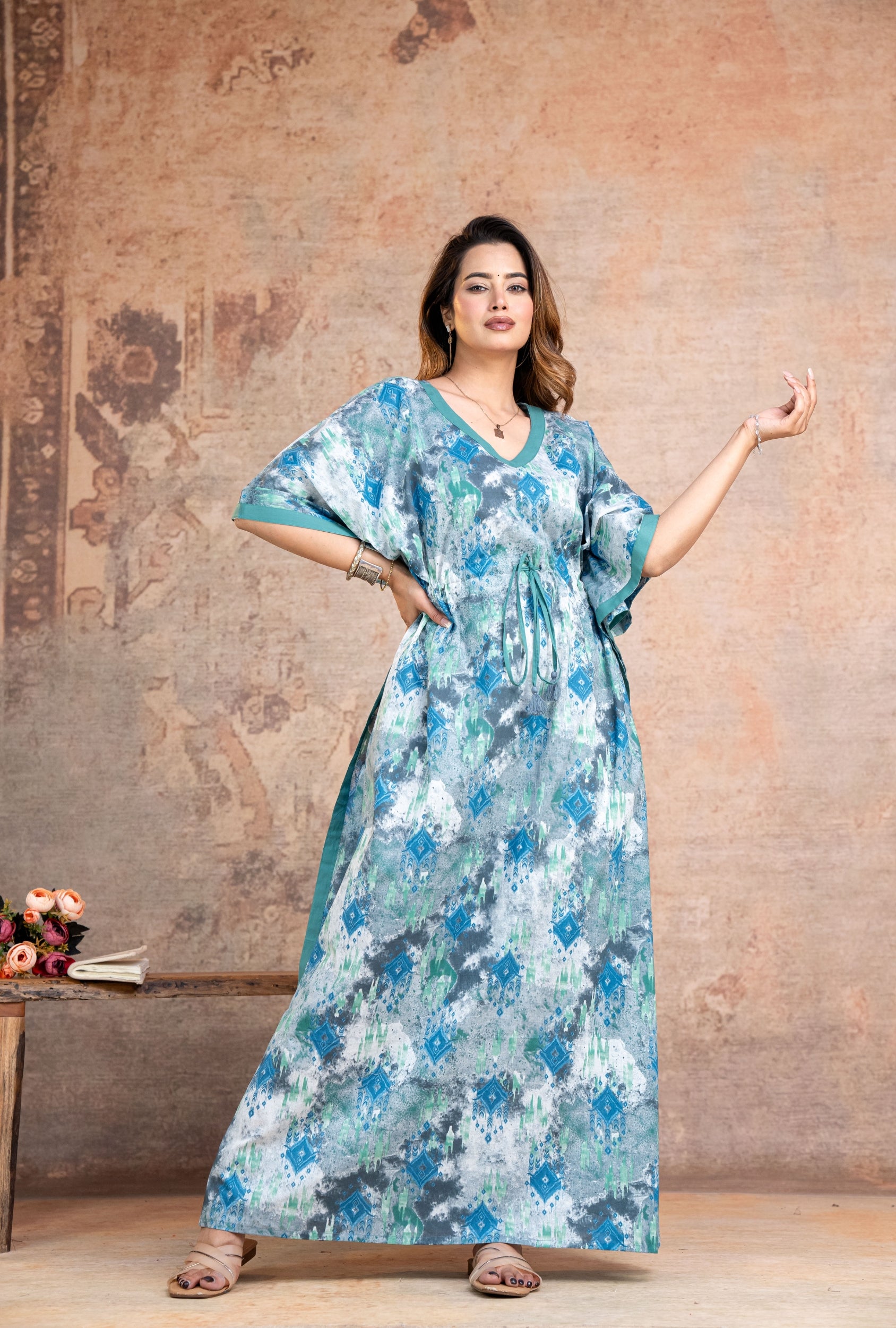 Ikkat Blue Grey Loungewear Cotton Kaftan