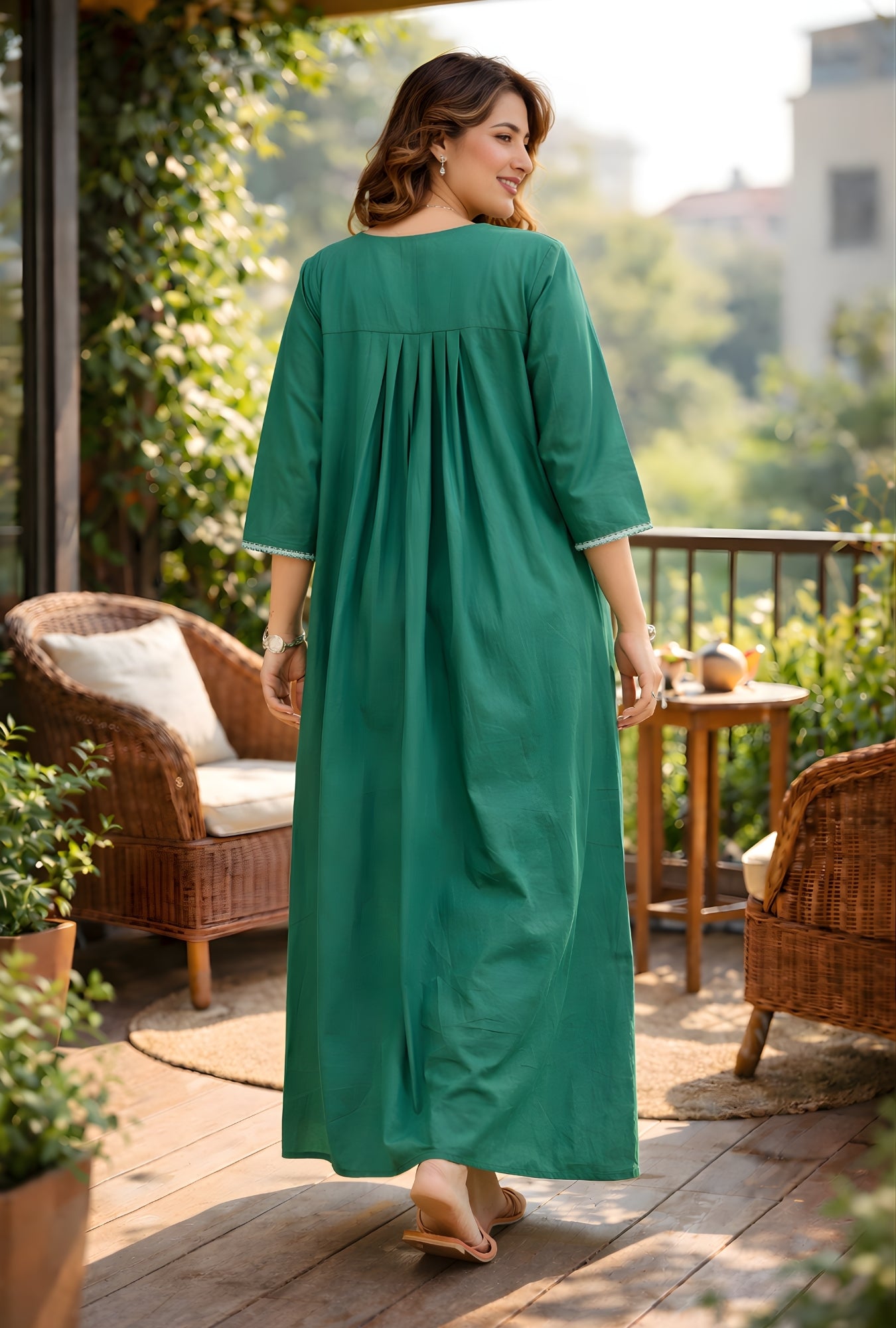 Emerald Green Floral Yoke Solid Cotton Night Gown
