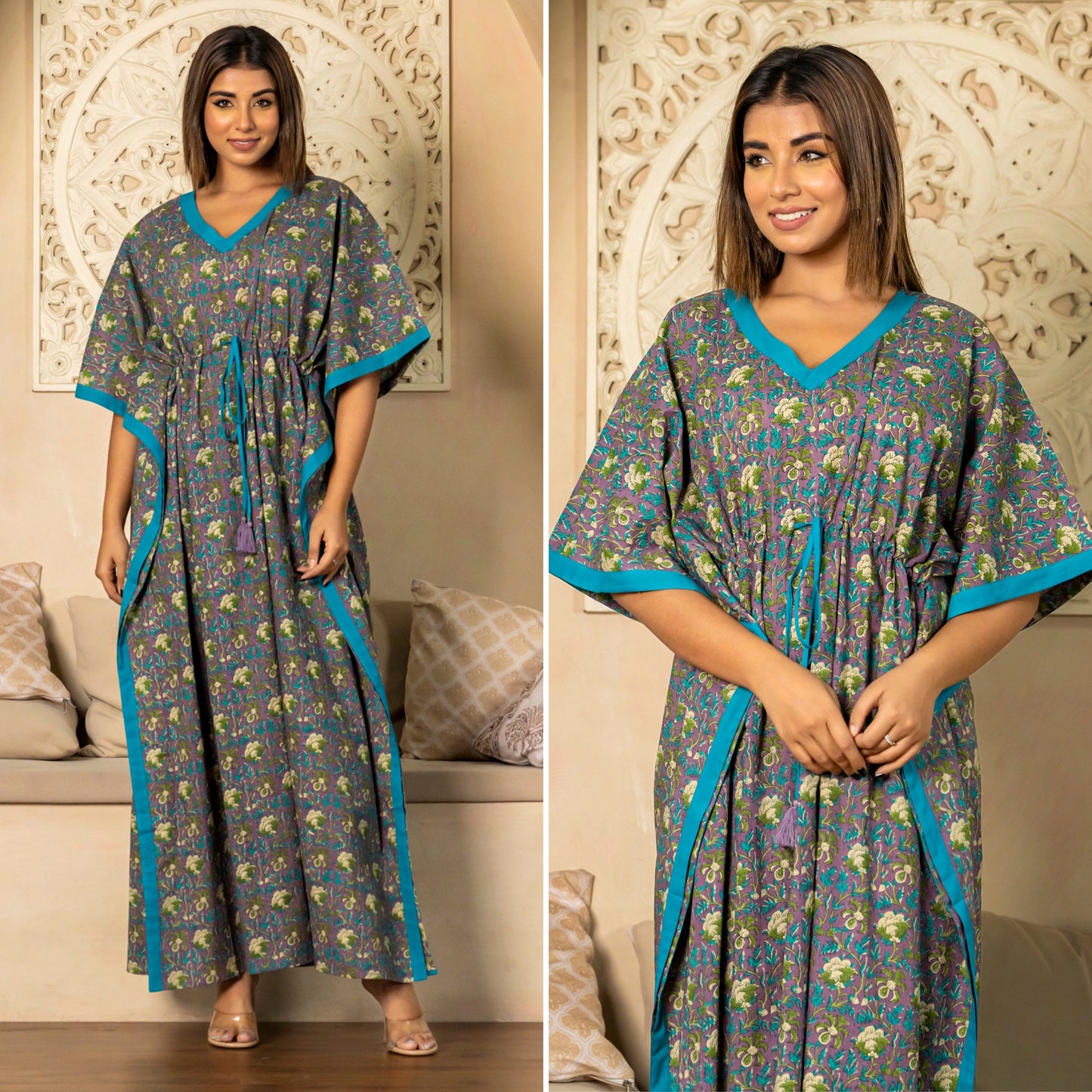 Serene Pattern Purple Cotton Loungewear Kaftan