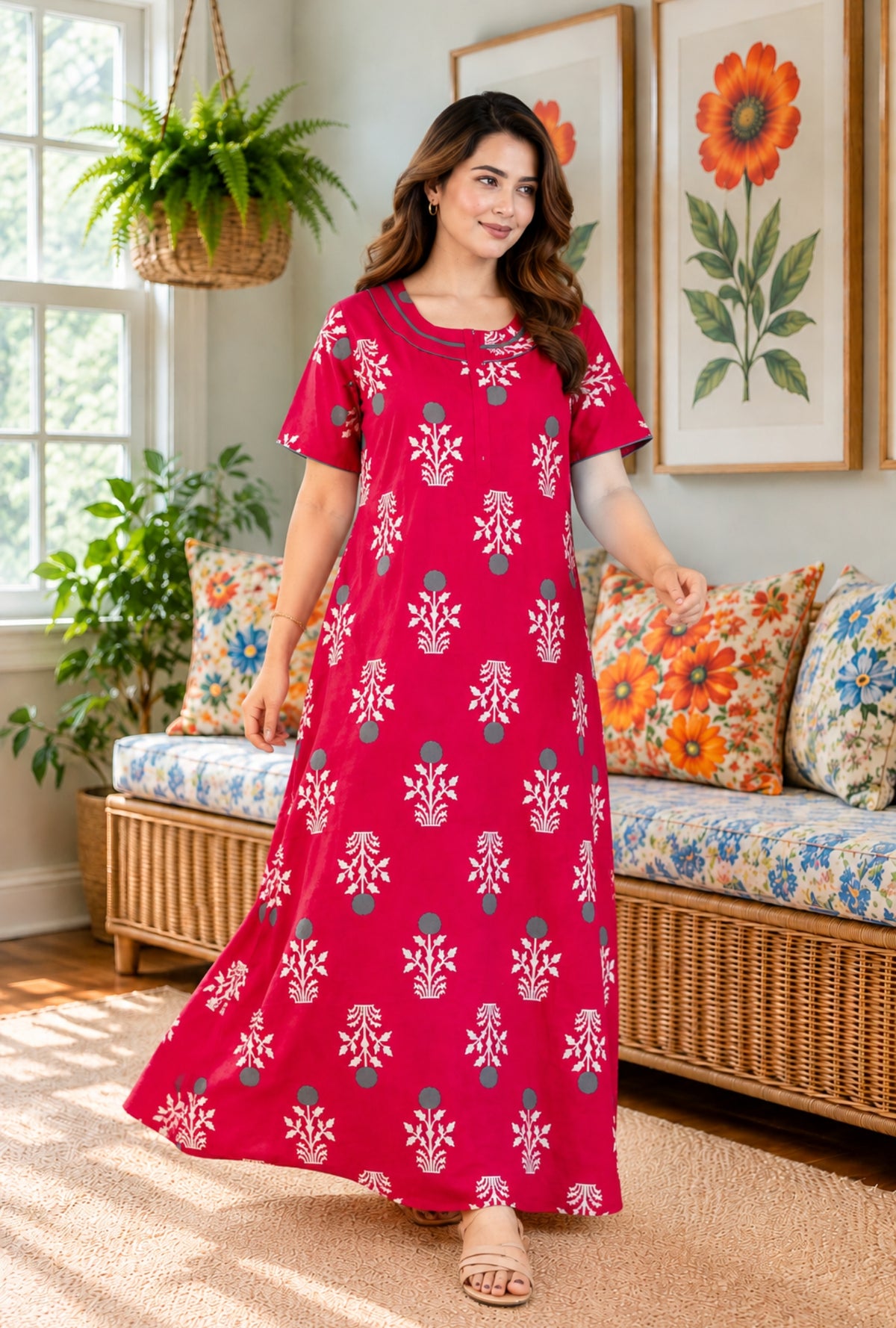 Imperial Bloom Royal Pink Printed Cotton Night Gown
