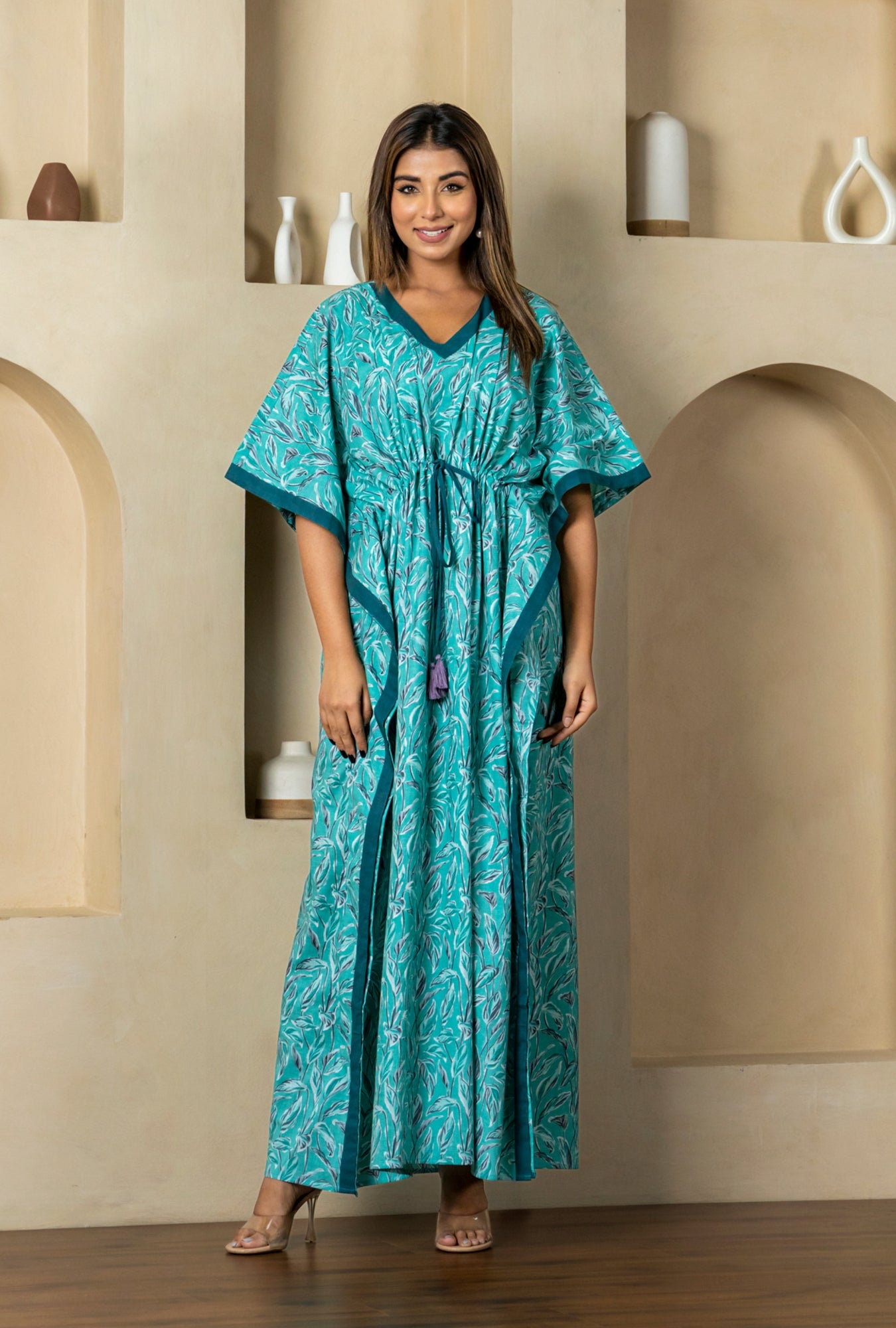 Garden Glow Turqoise Cotton Loungewear Kaftan