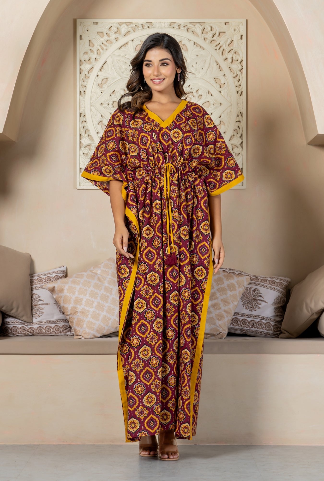 Maharani Motif Maroon Cotton Loungewear Kaftan