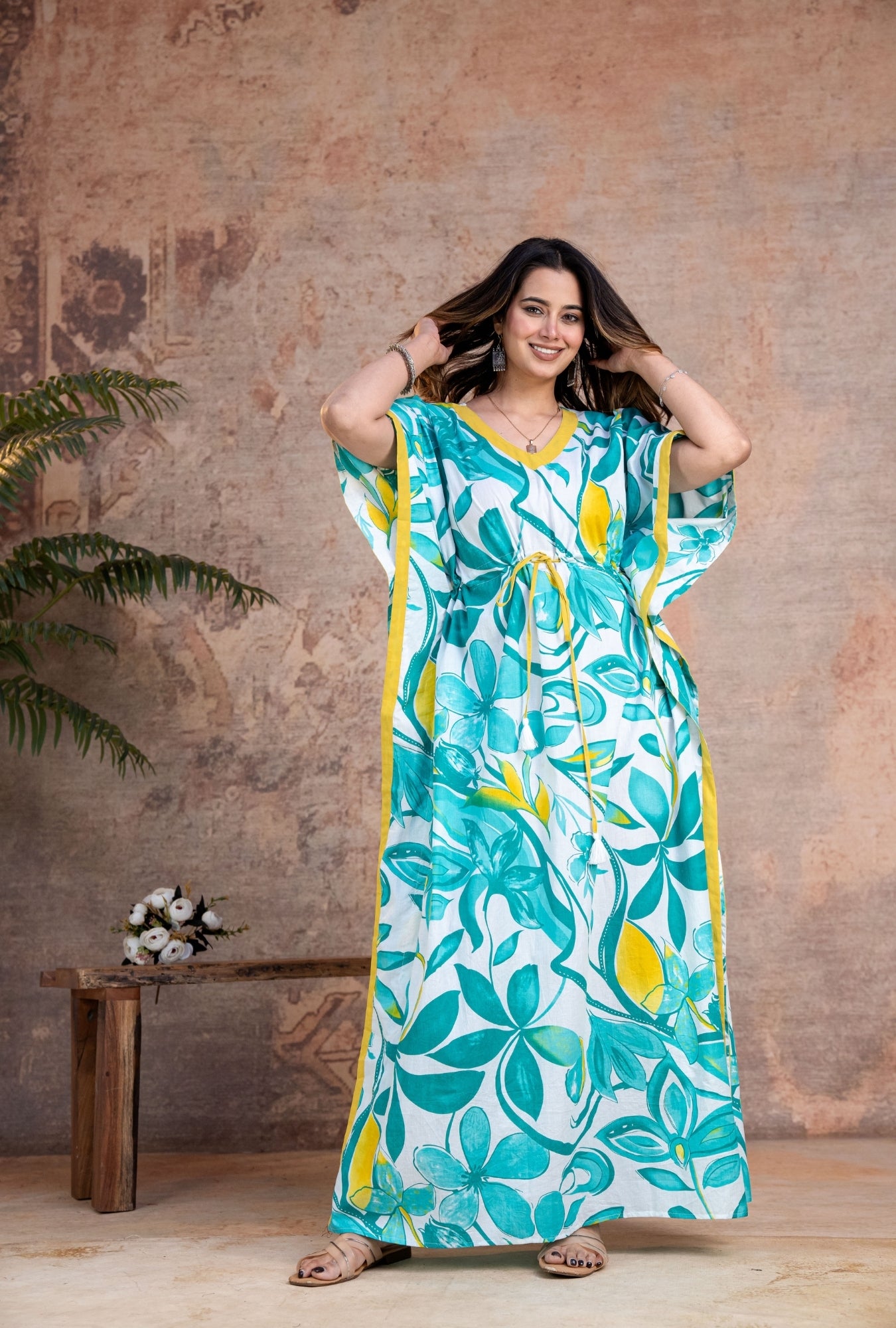 Regalia Green Yellow Loungewear Cotton Kaftan