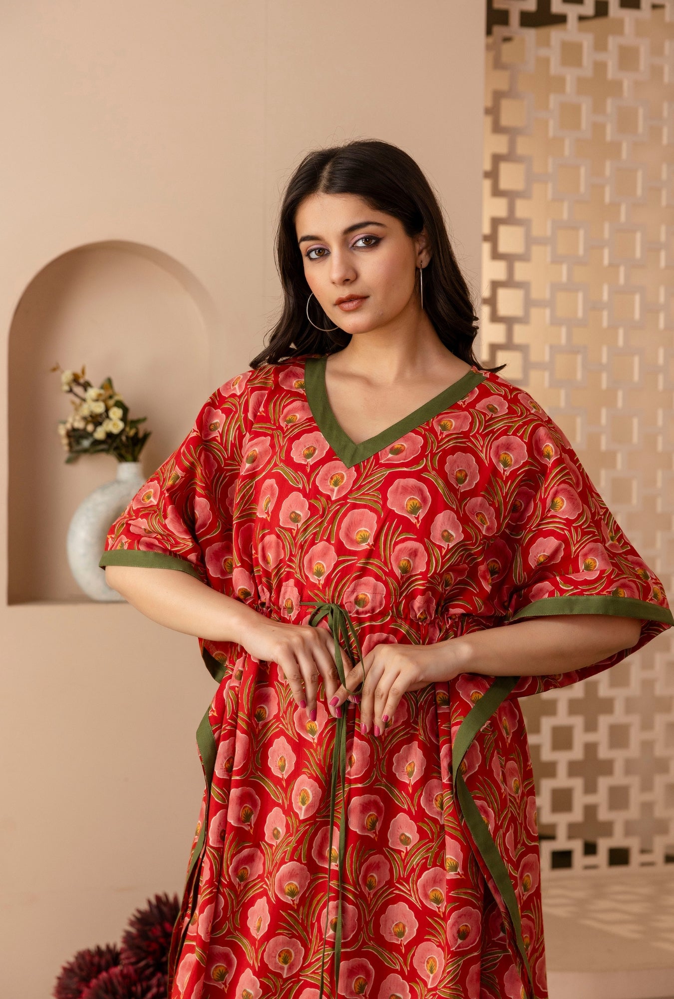 Neo Ethnic Red Printed Cotton Loungewear Kaftan