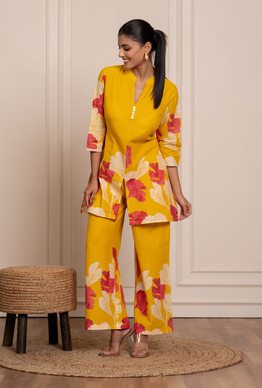 Flora Mist Yellow Printed Cotton Co-ords Set