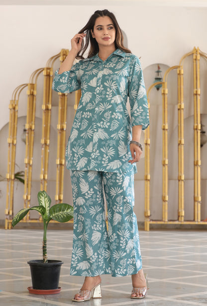 Aqua Blooms Cotton Loungewear Co-ords Set