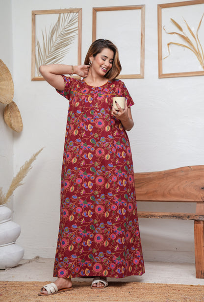 Paisley Flower Maroon Cotton Printed Nightwear Gowns