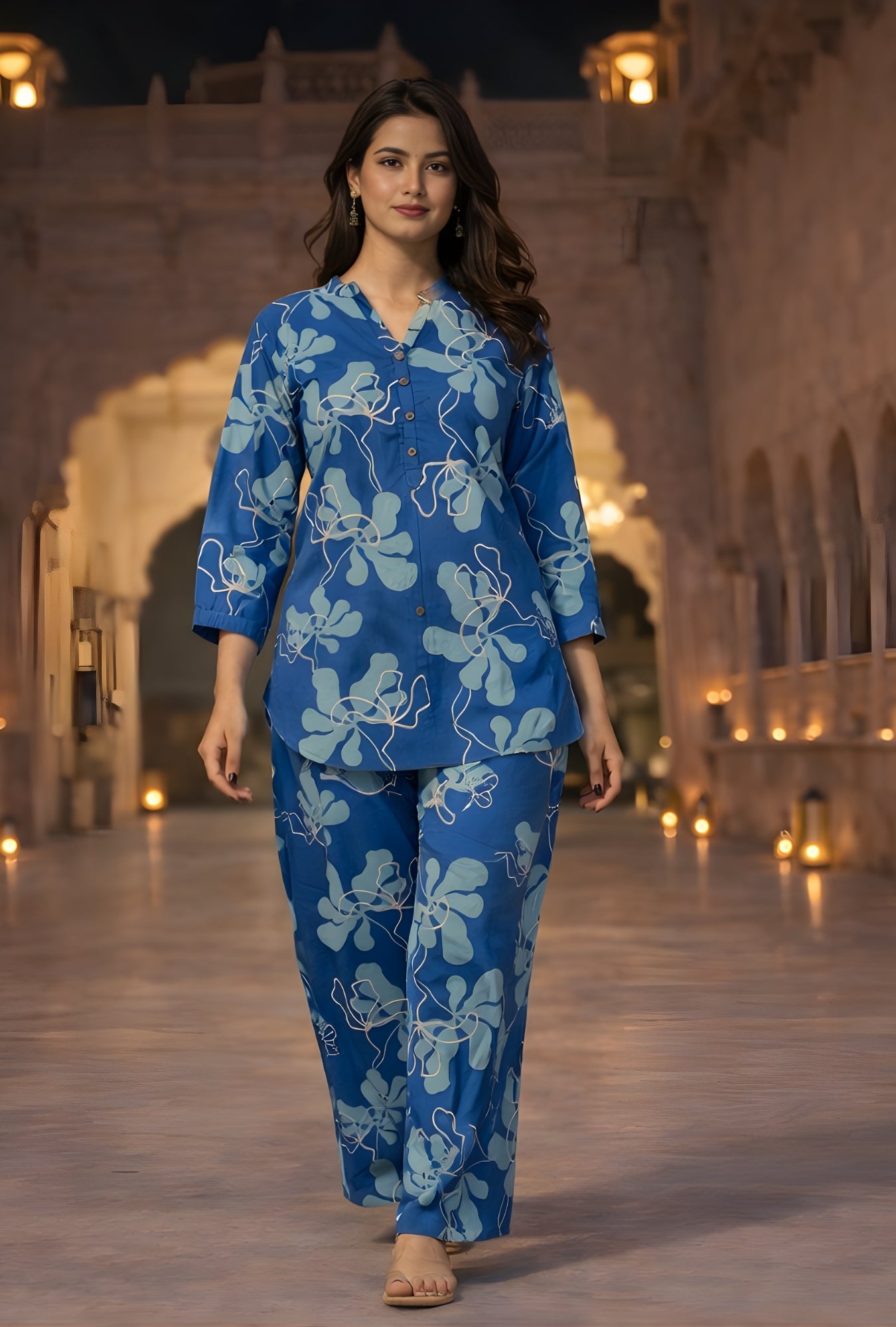 GeoLuxe Sky Blue Printed Cotton Co-ords Set