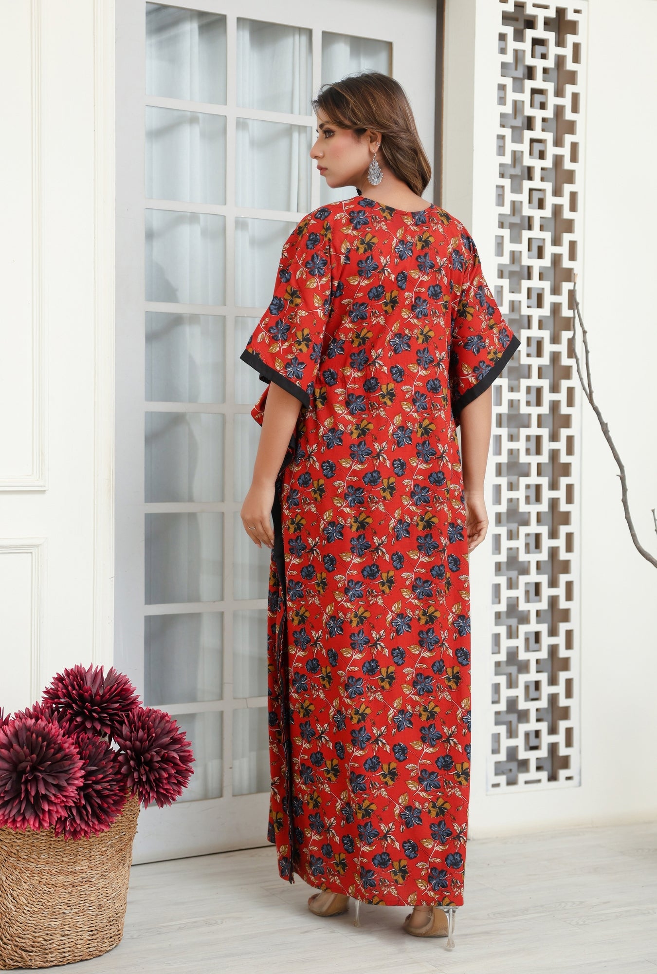 Vivid Blossom Red Printed Cotton Loungewear Kaftan