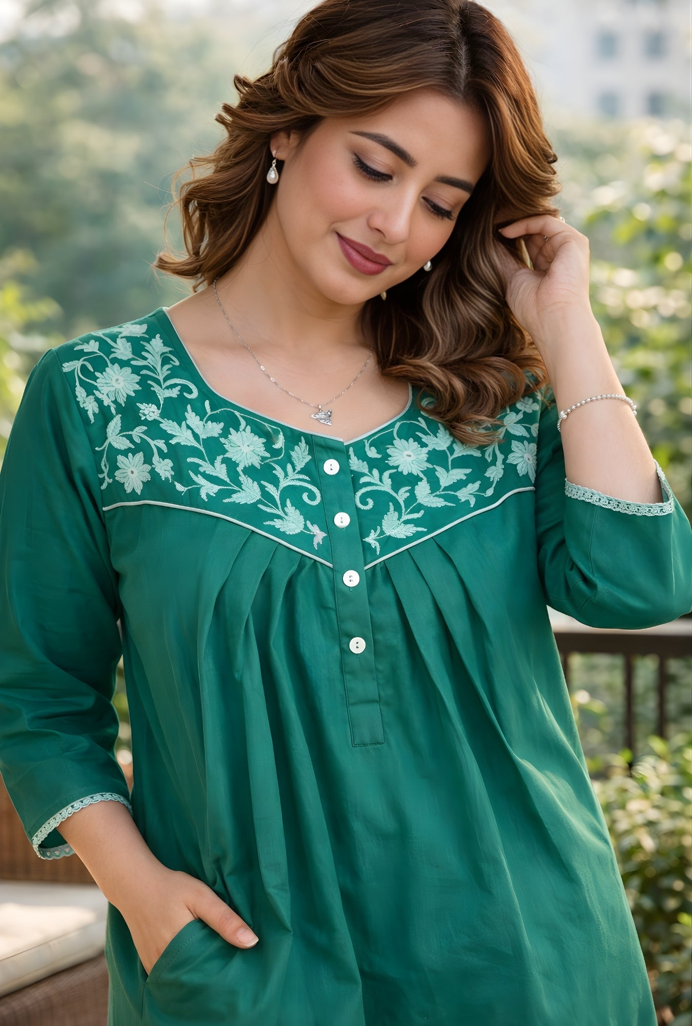 Emerald Green Floral Yoke Solid Cotton Night Gown