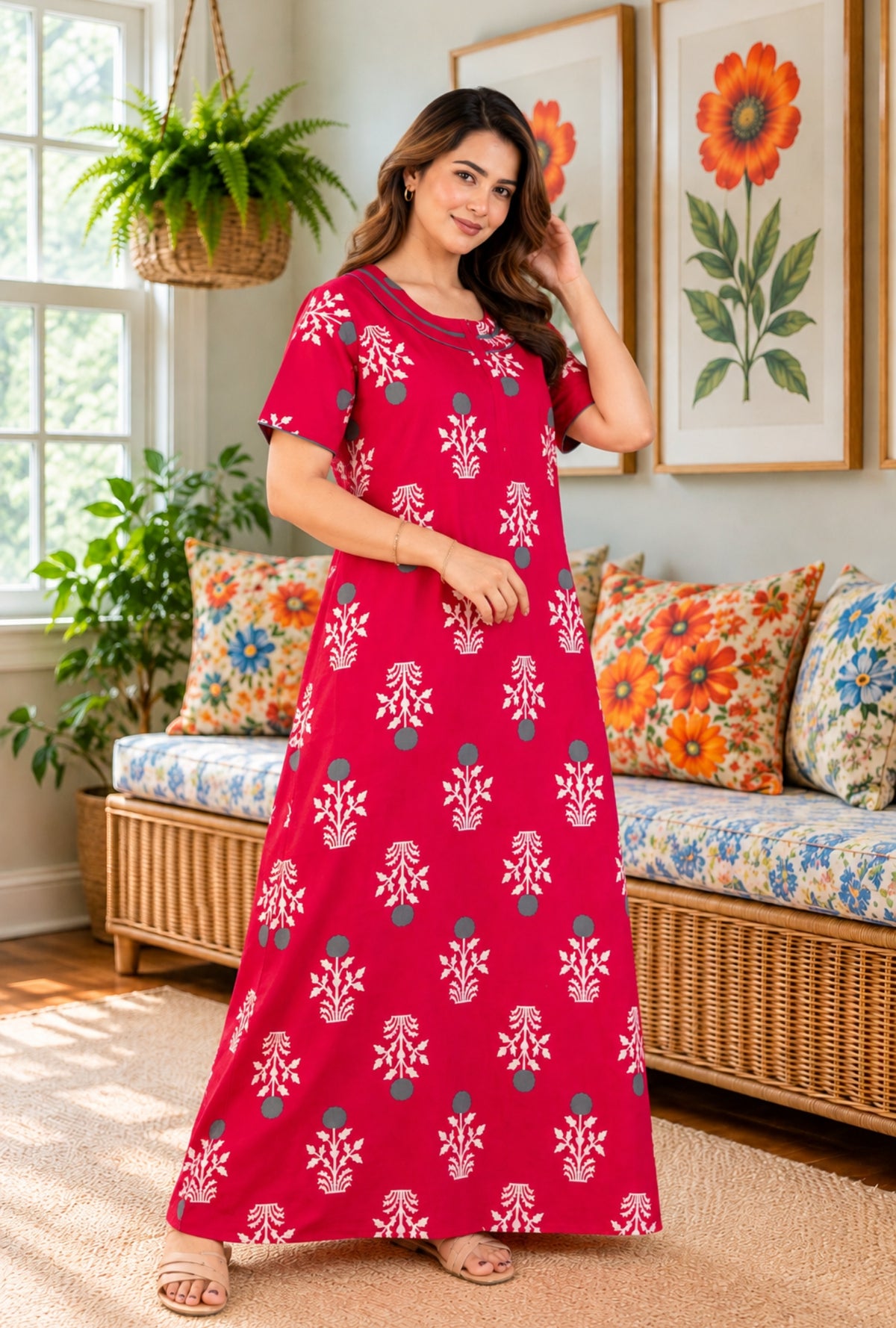 Imperial Bloom Royal Pink Printed Cotton Night Gown
