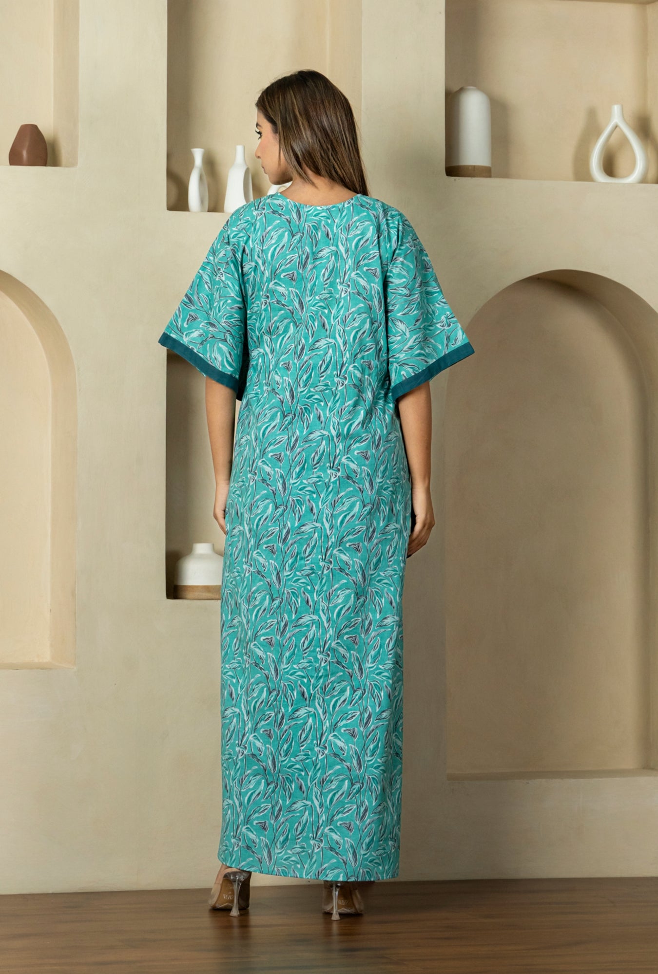 Garden Glow Turqoise Cotton Loungewear Kaftan