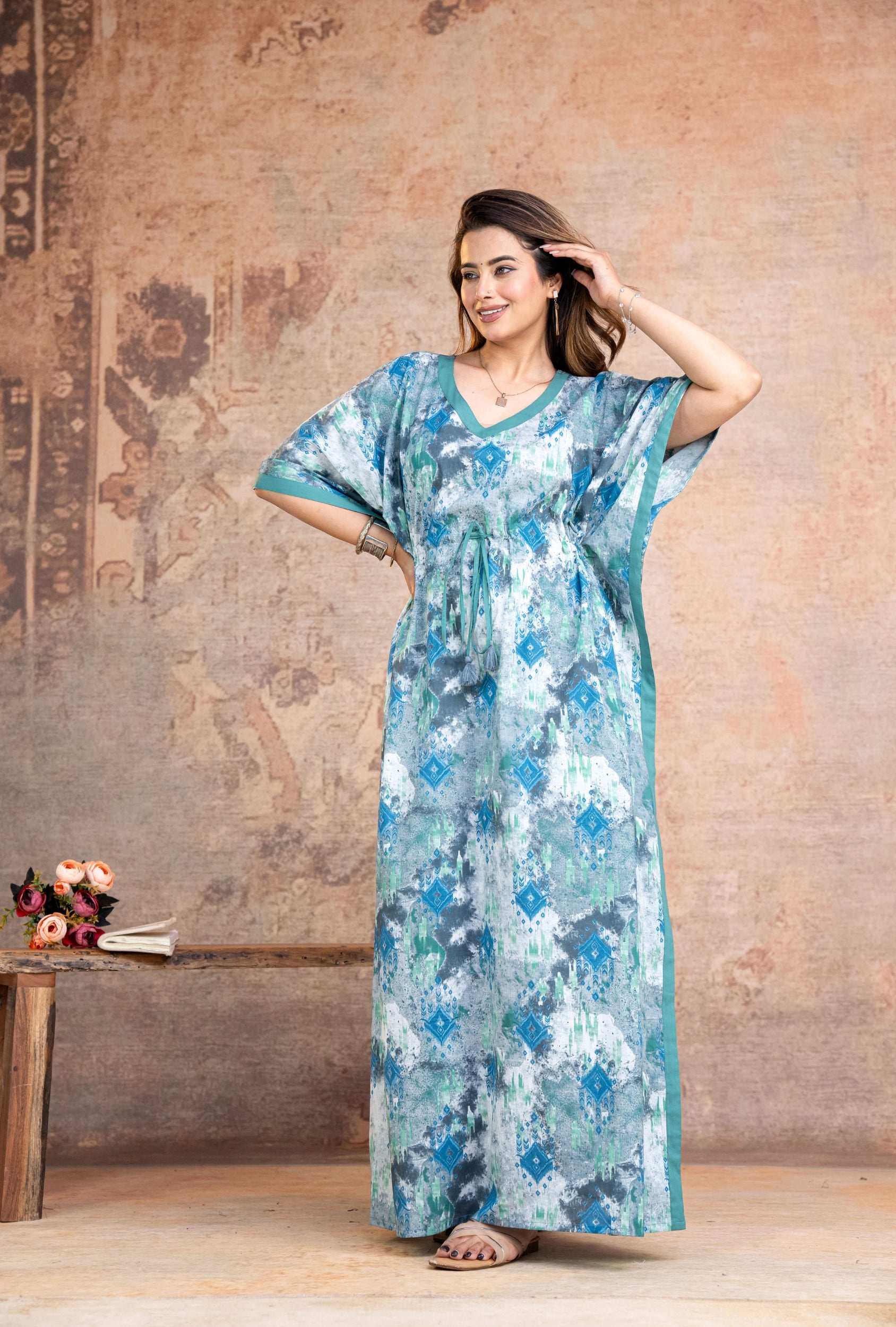 Ikkat Blue Grey Loungewear Cotton Kaftan