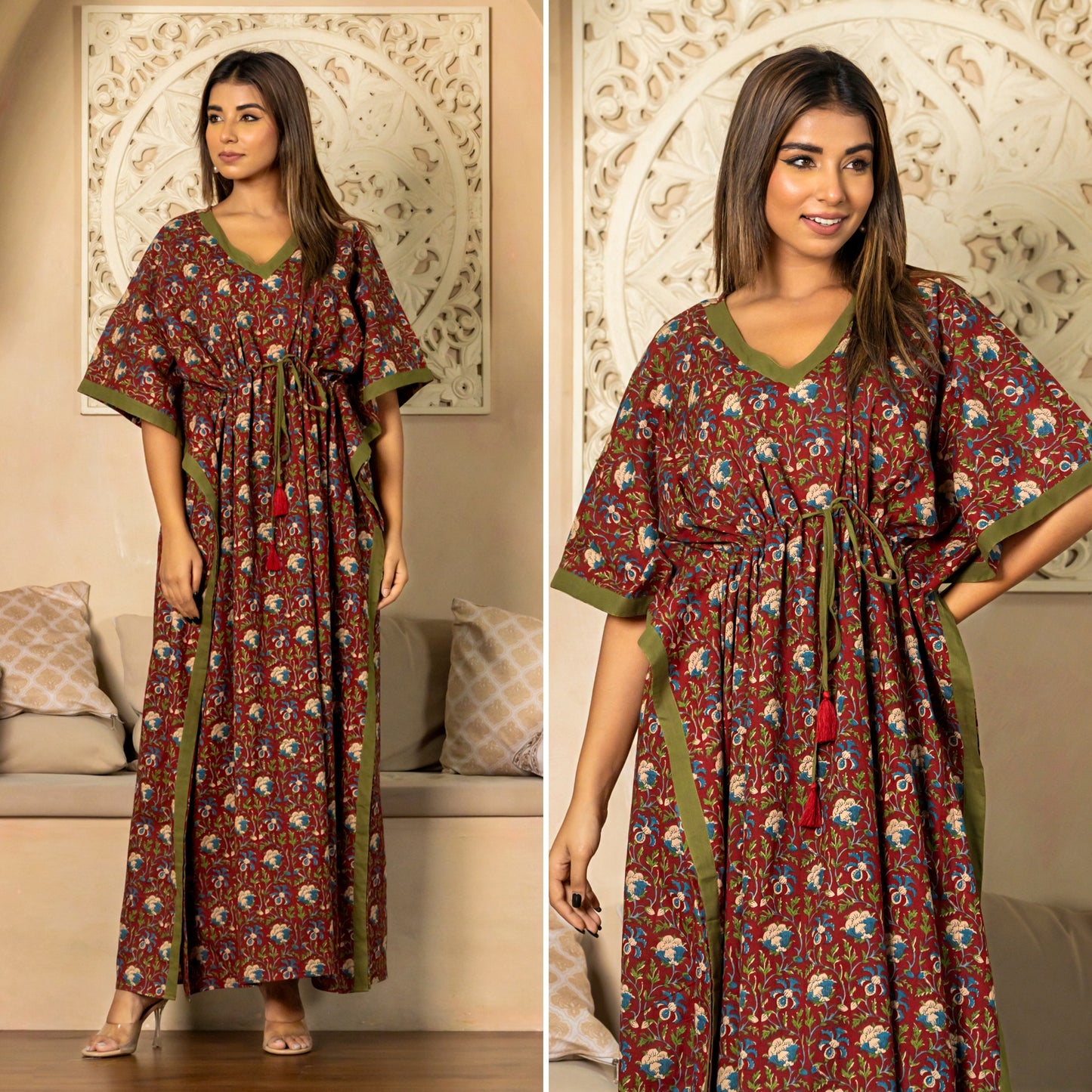 Serene Pattern Maroon Cotton Loungewear Kaftan