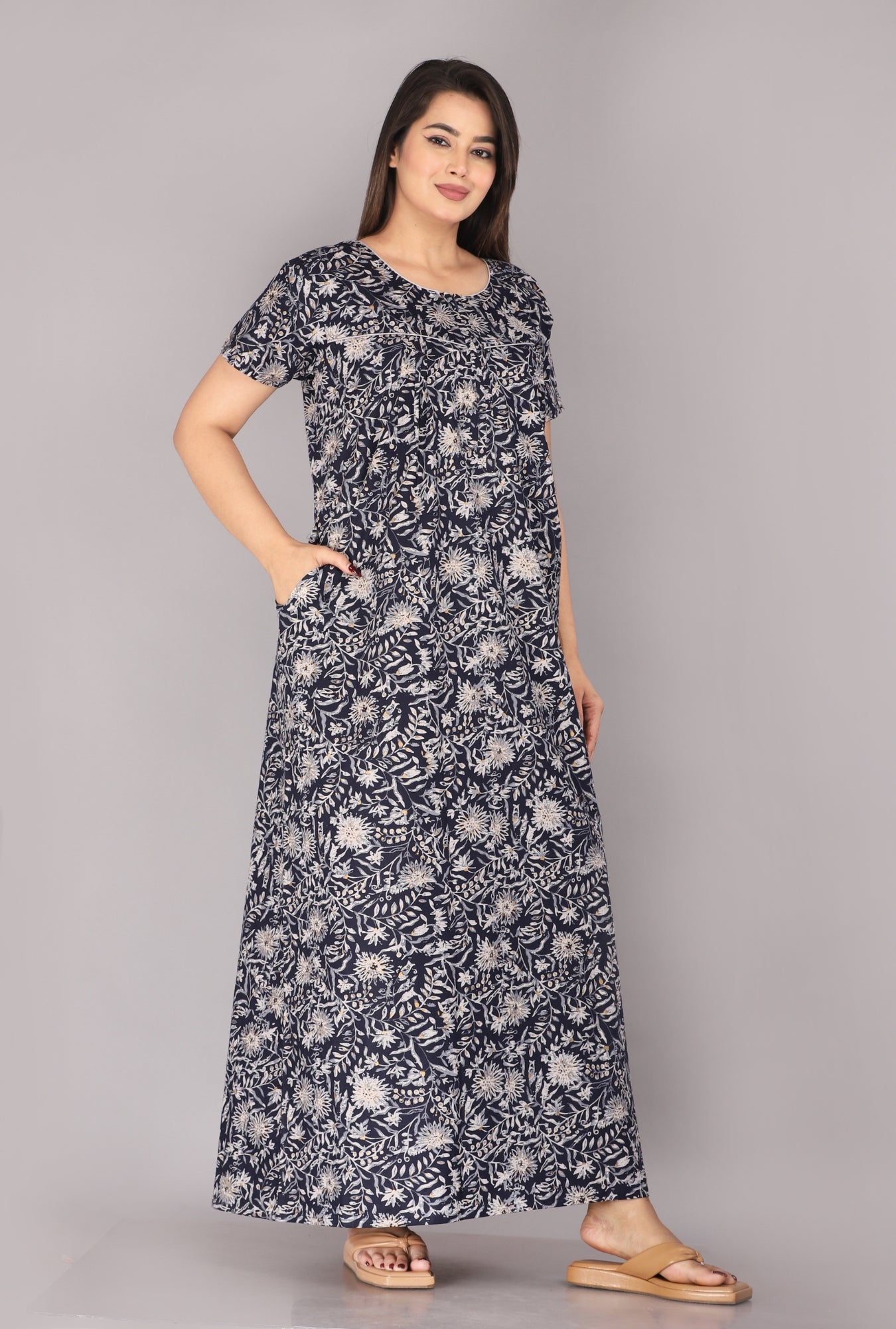 Berries Blue Cotton Printed Nightwear Gowns