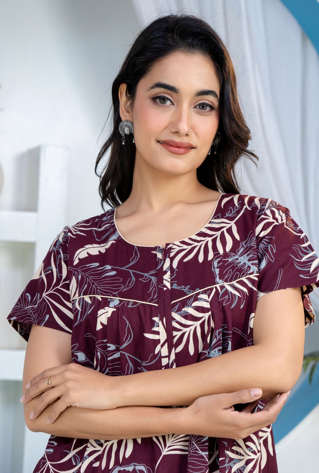 Plum Leaf Wine Cotton Printed Nightwear Gowns