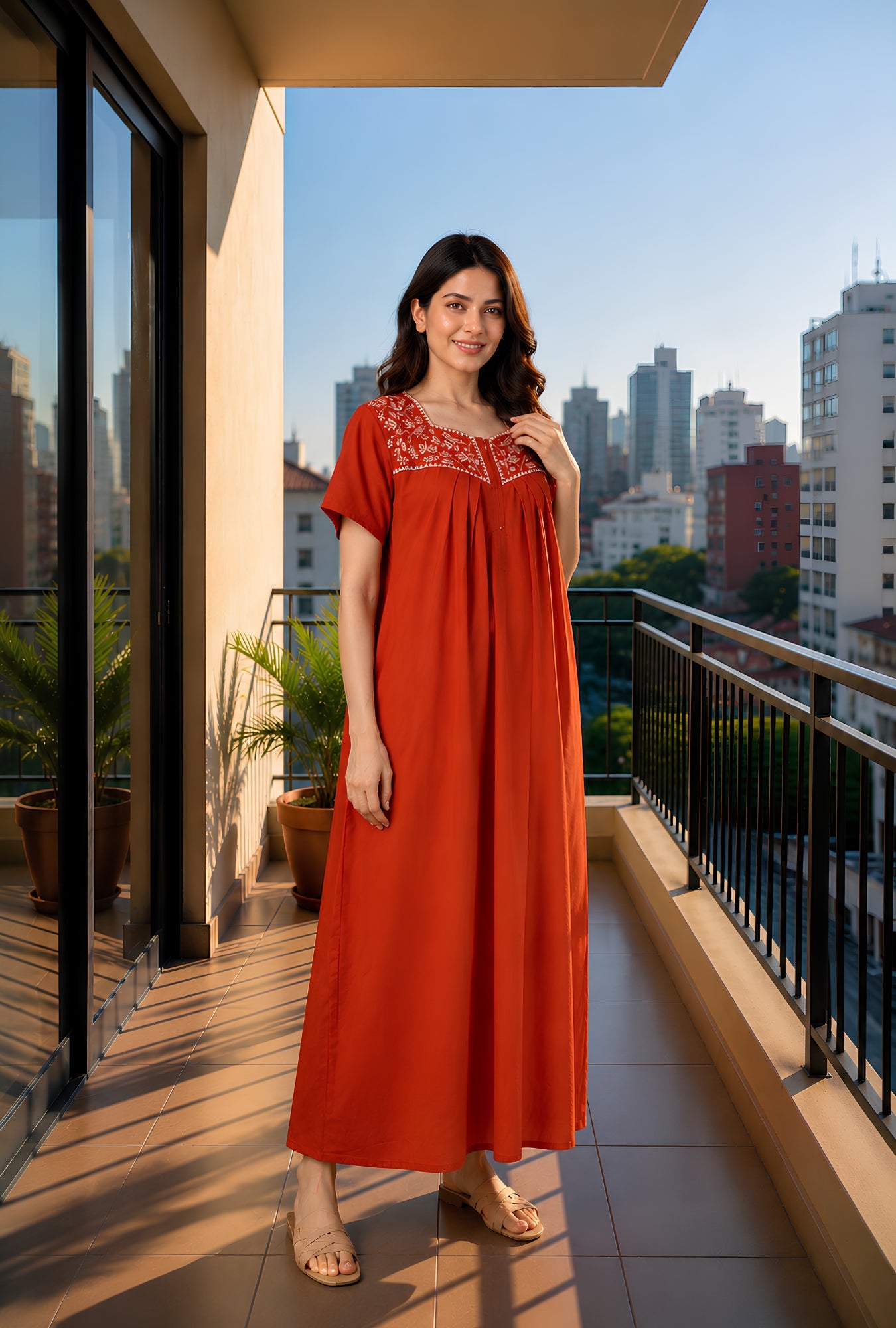 Crimson Bloom Rust Embroidery Yoke Cotton Night Gown