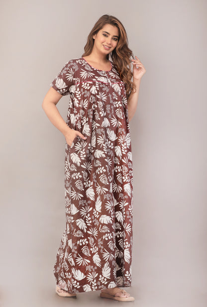 Pine Leaf Grey Cotton Printed Nightwear Gowns