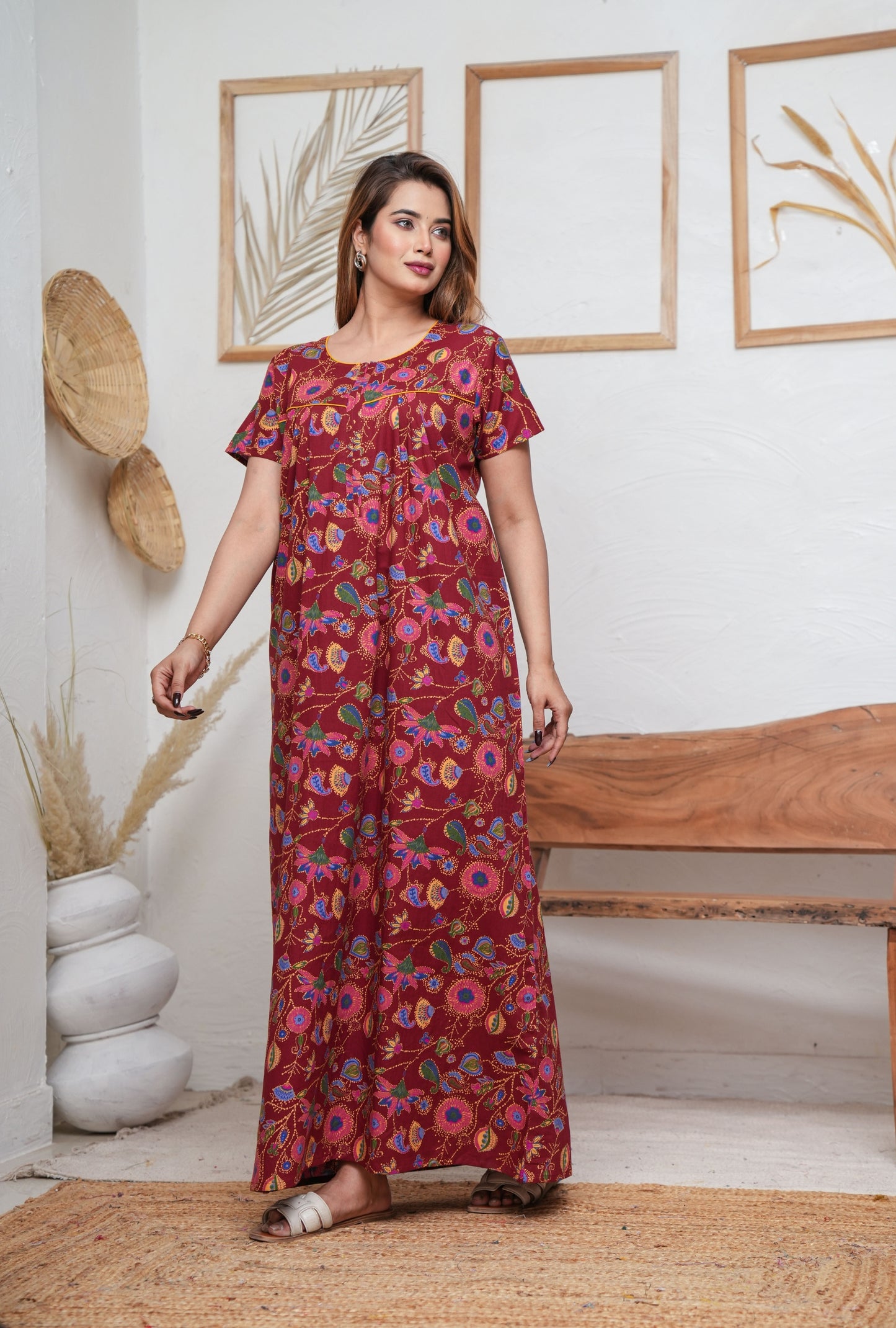 Paisley Flower Maroon Cotton Printed Nightwear Gowns