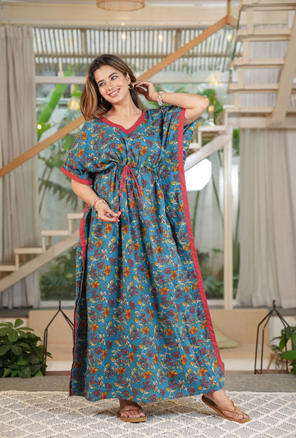 Tropical Teal Loungewear Cotton Kaftan