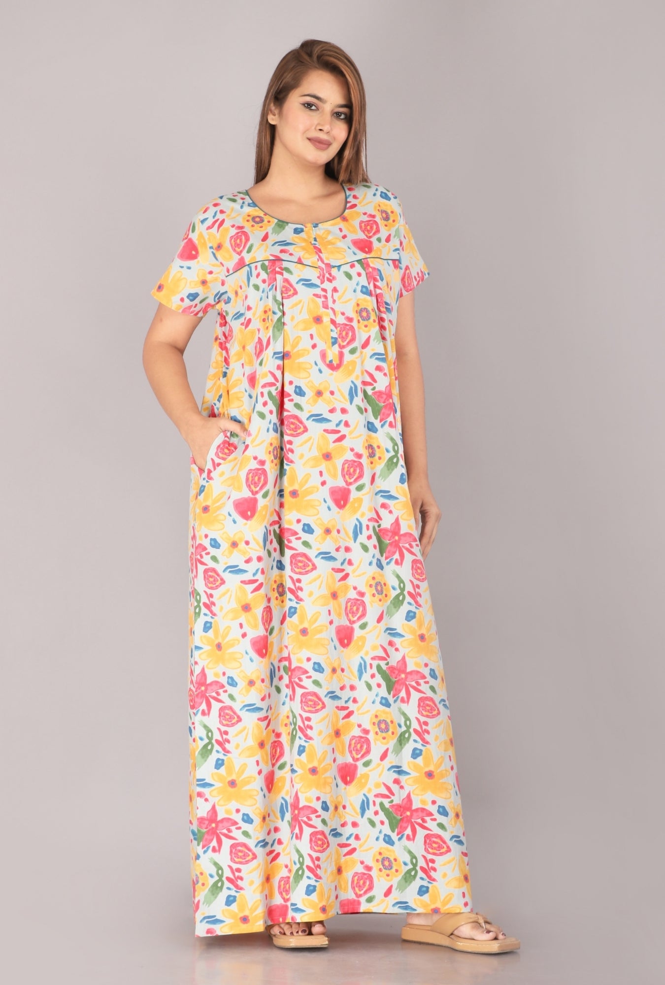 Marine Grey Cotton Printed Nightwear Gowns