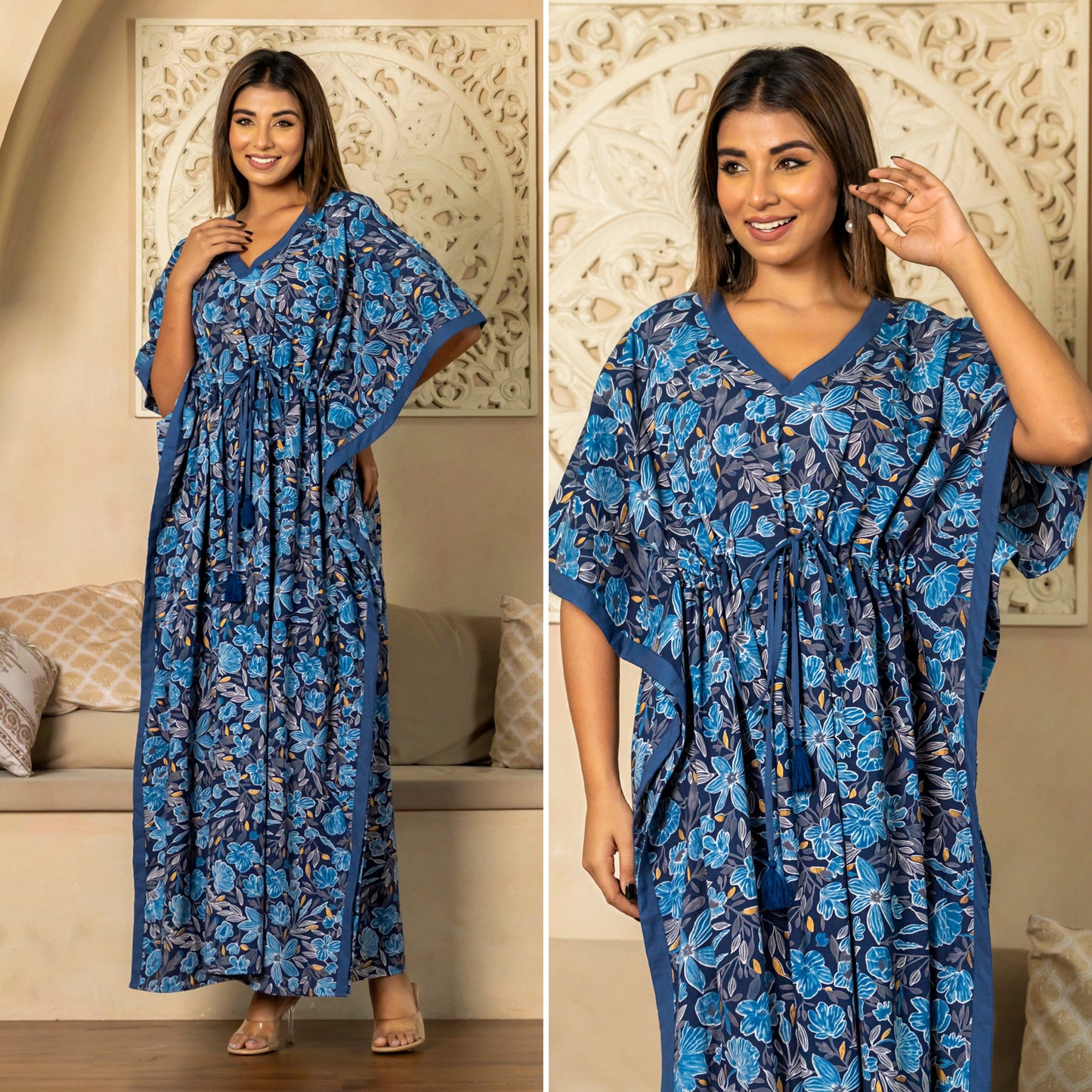 Blue Whisper Printed Cotton Loungewear Kaftan