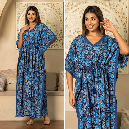 Blue Whisper Printed Cotton Loungewear Kaftan