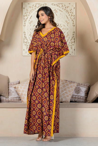 Maharani Motif Maroon Cotton Loungewear Kaftan