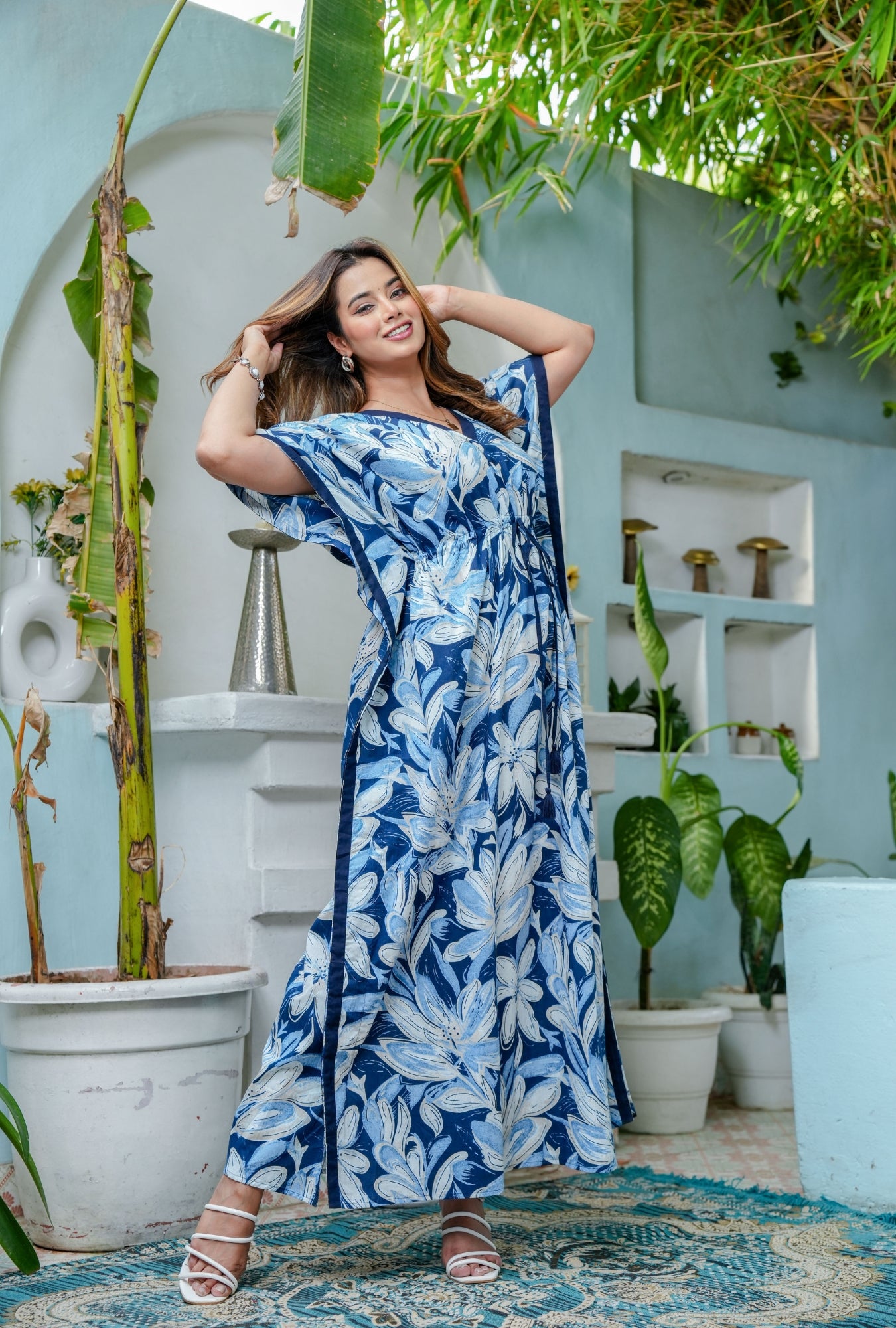 Coastal Blue Cotton Loungewear Kaftan