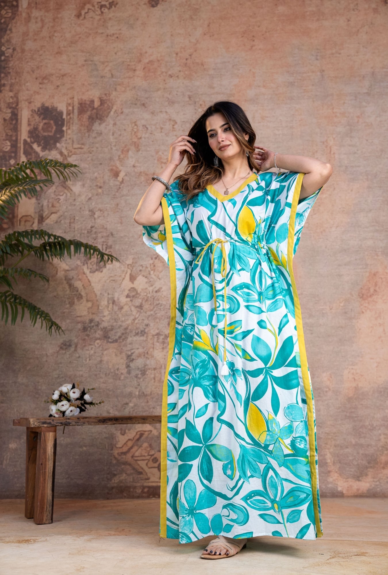 Regalia Green Yellow Loungewear Cotton Kaftan