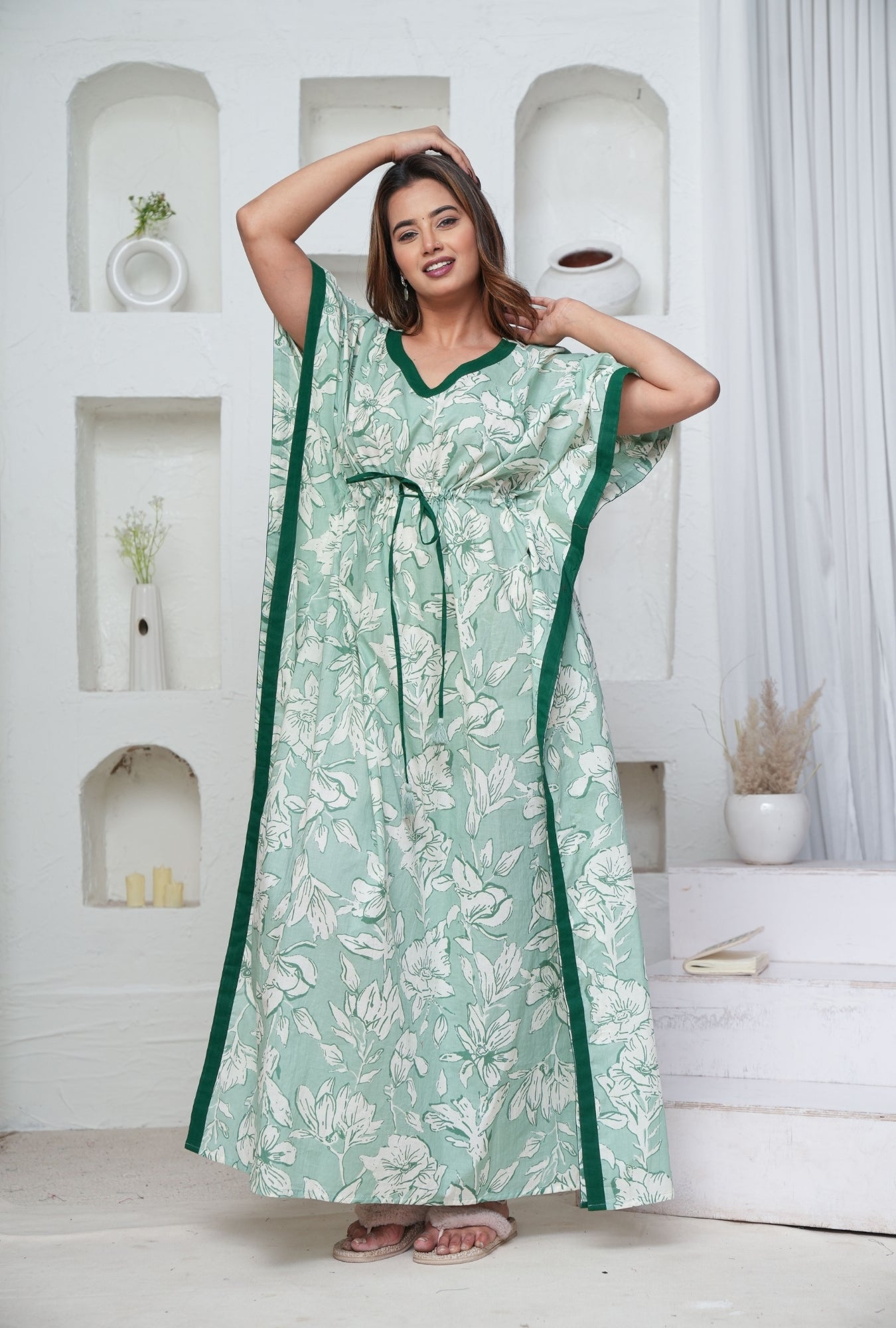 Pastel Flower Mint Loungewear Cotton Kaftan