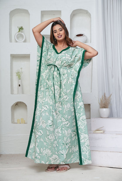 Pastel Flower Mint Loungewear Cotton Kaftan