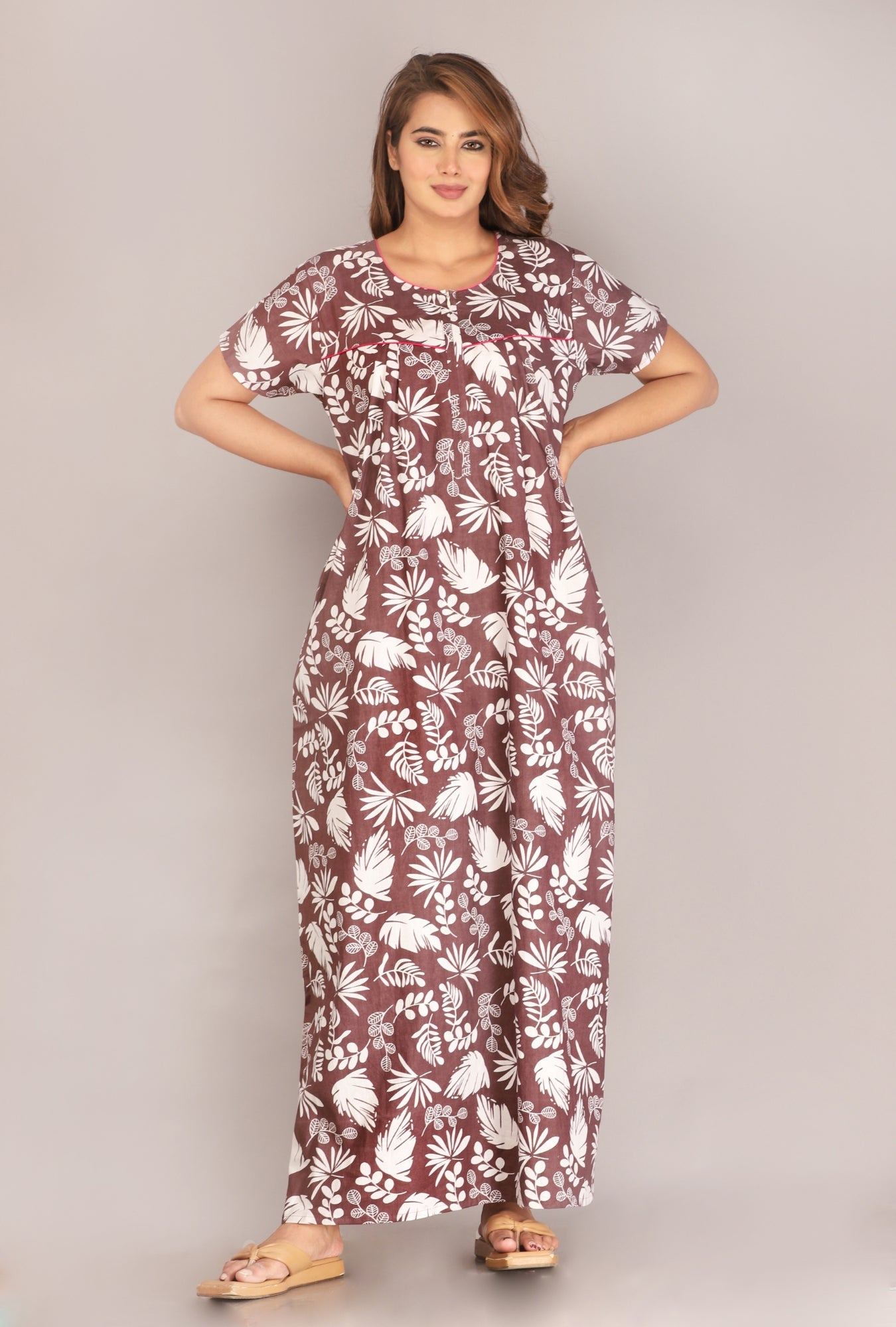 Pine Leaf Grey Cotton Printed Nightwear Gowns