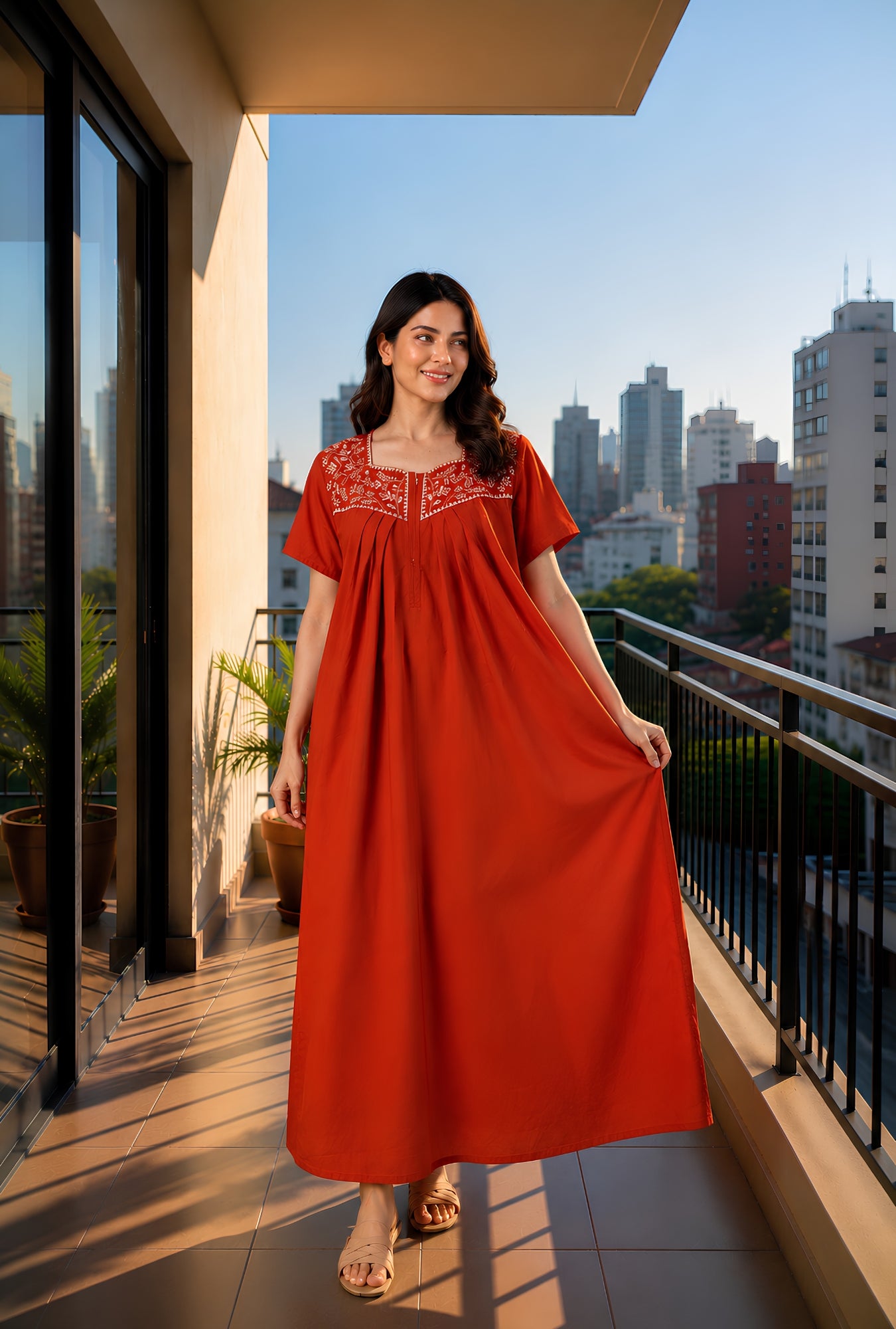 Crimson Bloom Rust Embroidery Yoke Cotton Night Gown