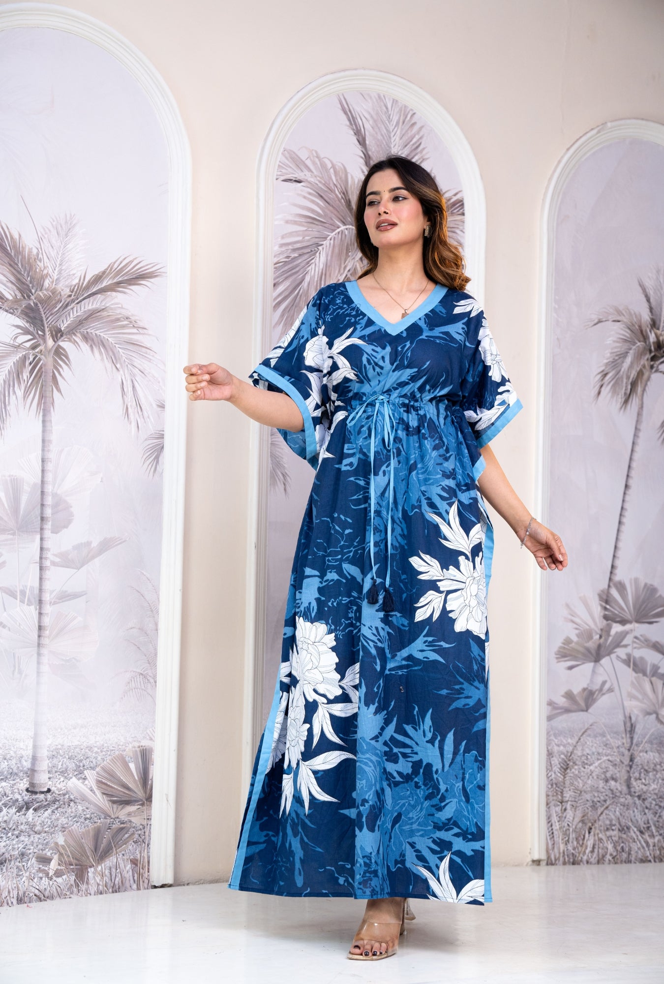 Palm Breeze Blue Loungewear Cotton Kaftan